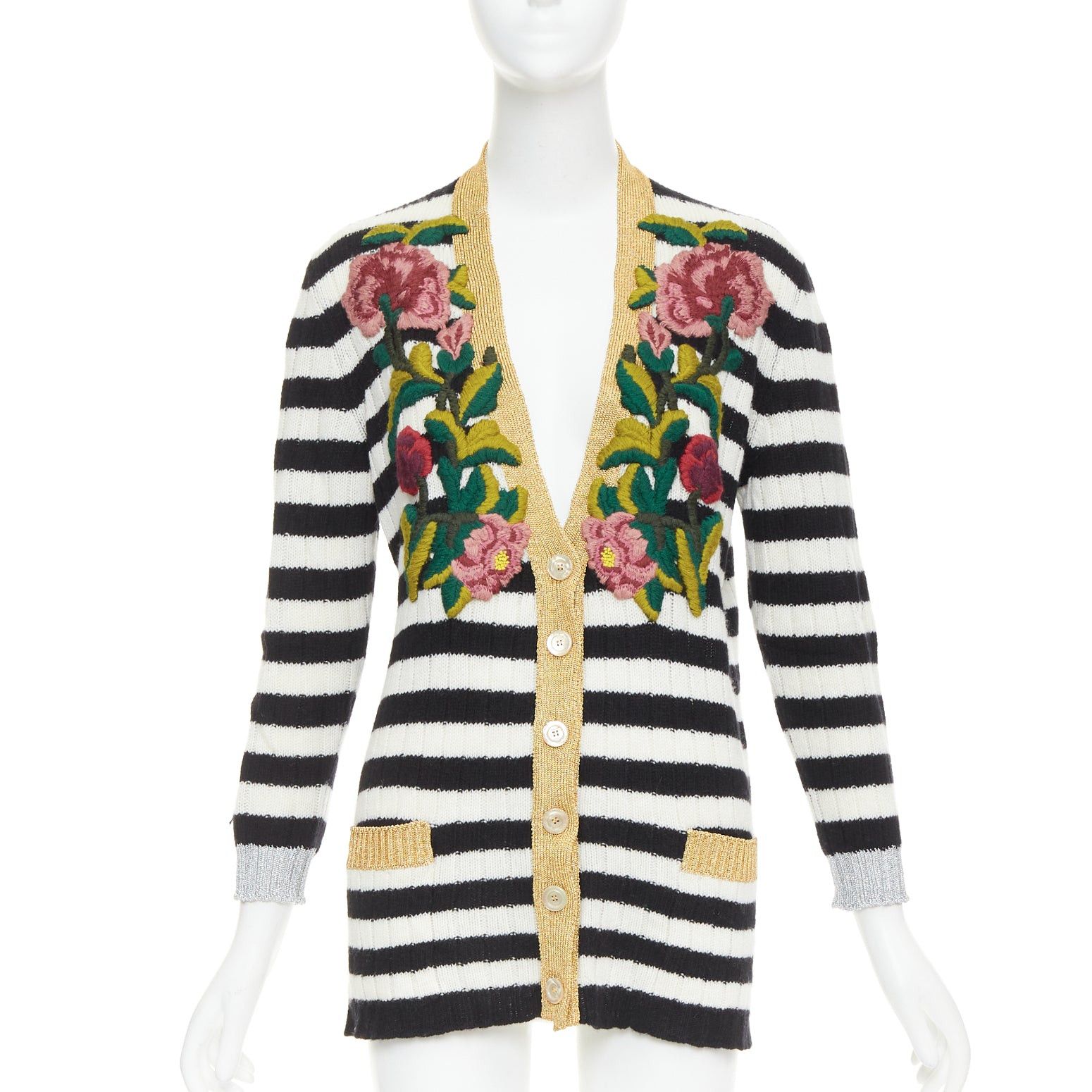 Gucci GUCCI Michele black white cashmere wool flower embroidered gold trim cardigan XXS Size XS / US 0-2 / IT 36-38 - 1 Thumbnail