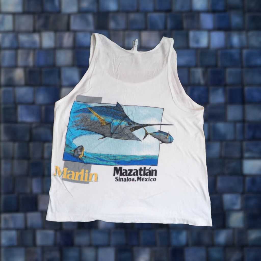 Vintage VTG 80s Fajer Mazatlan Mexico Marlin Fish Tuna Art White Tank Top T-Shirt M Mens Cotton Sleeveless Graphic Tee 1980s Size US M / EU 48-50 / 2 - 1 Thumbnail