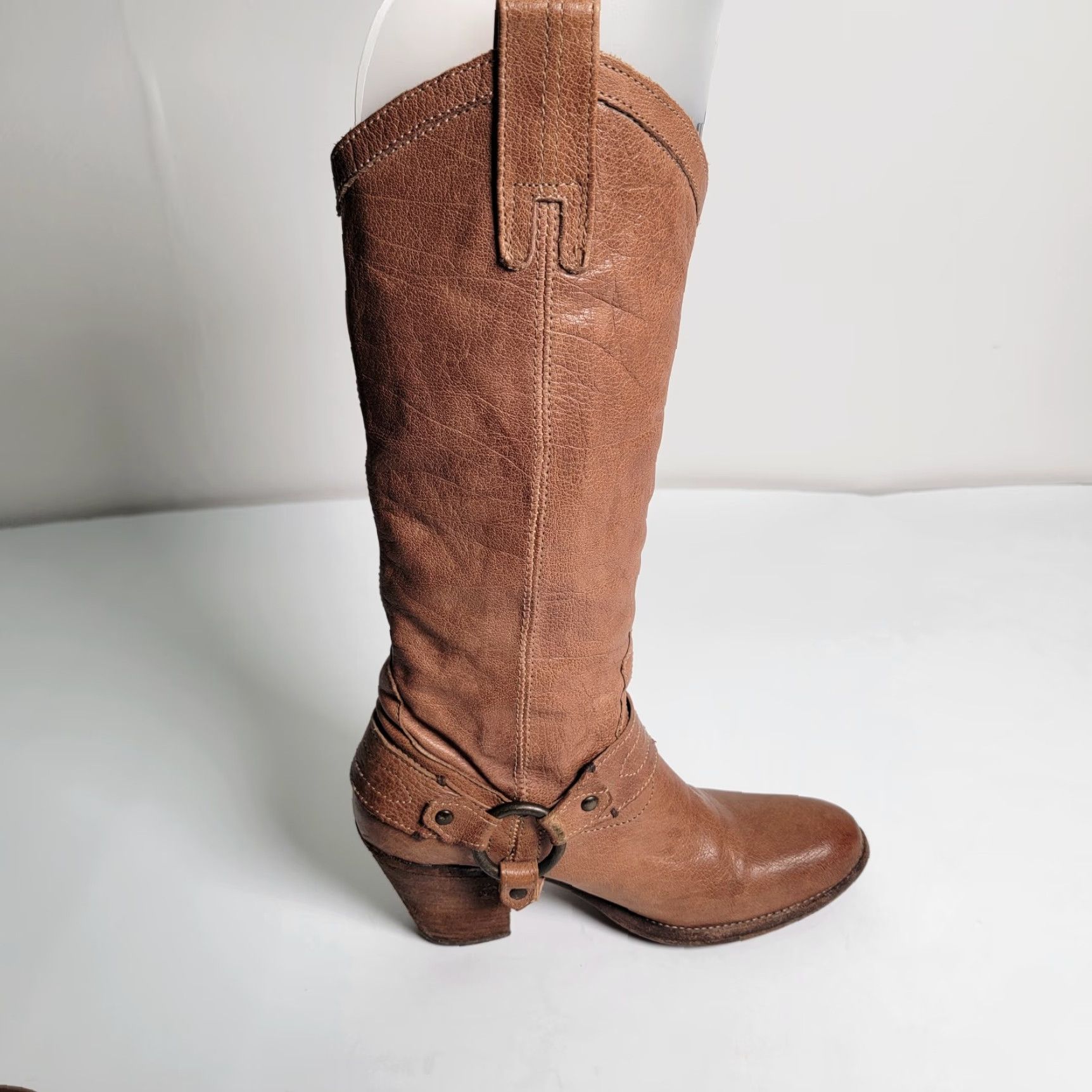 Frye VINTAGE Frye Taylor Harness Boots Brown Leather Western Ladies 6 Almond Toe Slip On Cowboy Mid Heel Leather Outsole Womens Size US 6 / IT 36 - 5 Thumbnail