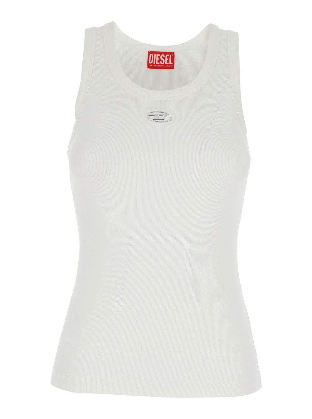 Diesel Top 'DLogo' with DLogo on the Front in White Ribbed Cotton for Women Size L / US 10 / IT 46 - 1 Thumbnail