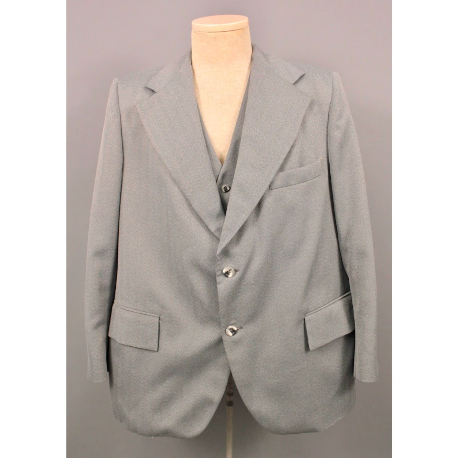 Vintage VINTAGE Men’s VTG 70s Grey 3 PC Leisure Suit Sz L-XL 1970s Disco Polyester Shirt Hoodie Hat Mens Size 42R - 3 Thumbnail