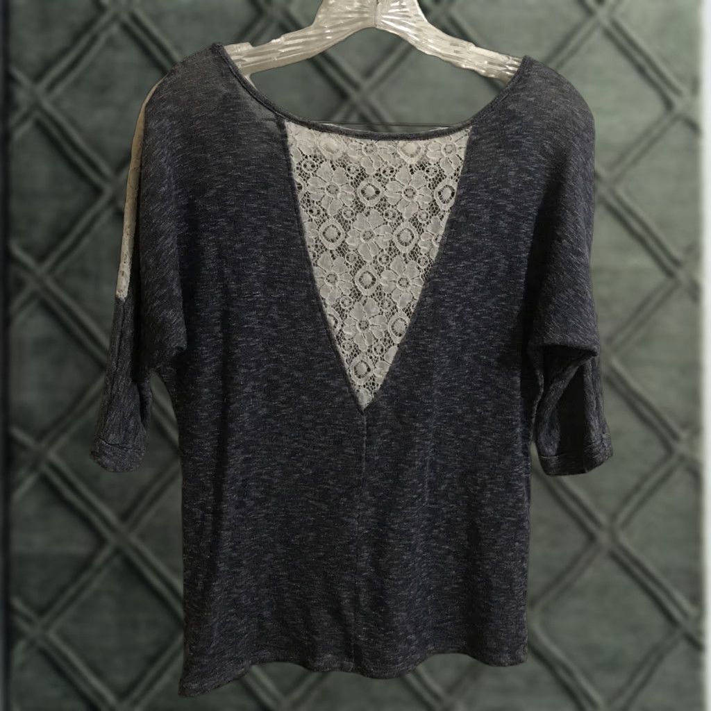 Decree Decree Dark Gray Top Shirt B763 Lace Shoulders Back 3/4 Sleeve Round Neck M Women Regular Knit Stretch Heathered Gray-Blue-Gray Size M / US 6-8 / IT 42-44 - 1 Thumbnail