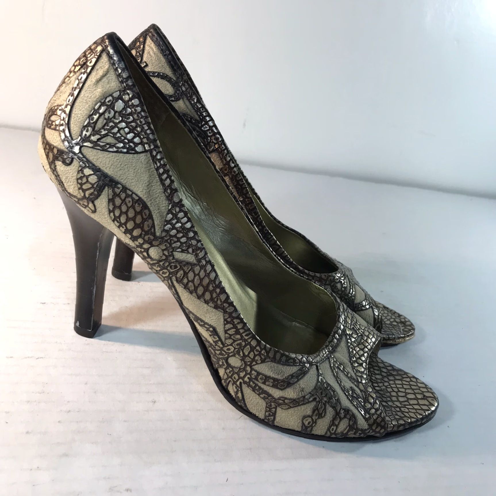Carlos Santos Carlos Santana Heels Beige Suede/Brown Leather Open Toe Pump Womens Size 8.5M Ultra High 4in Bohemian Size US 9 / IT 39 - 4 Thumbnail