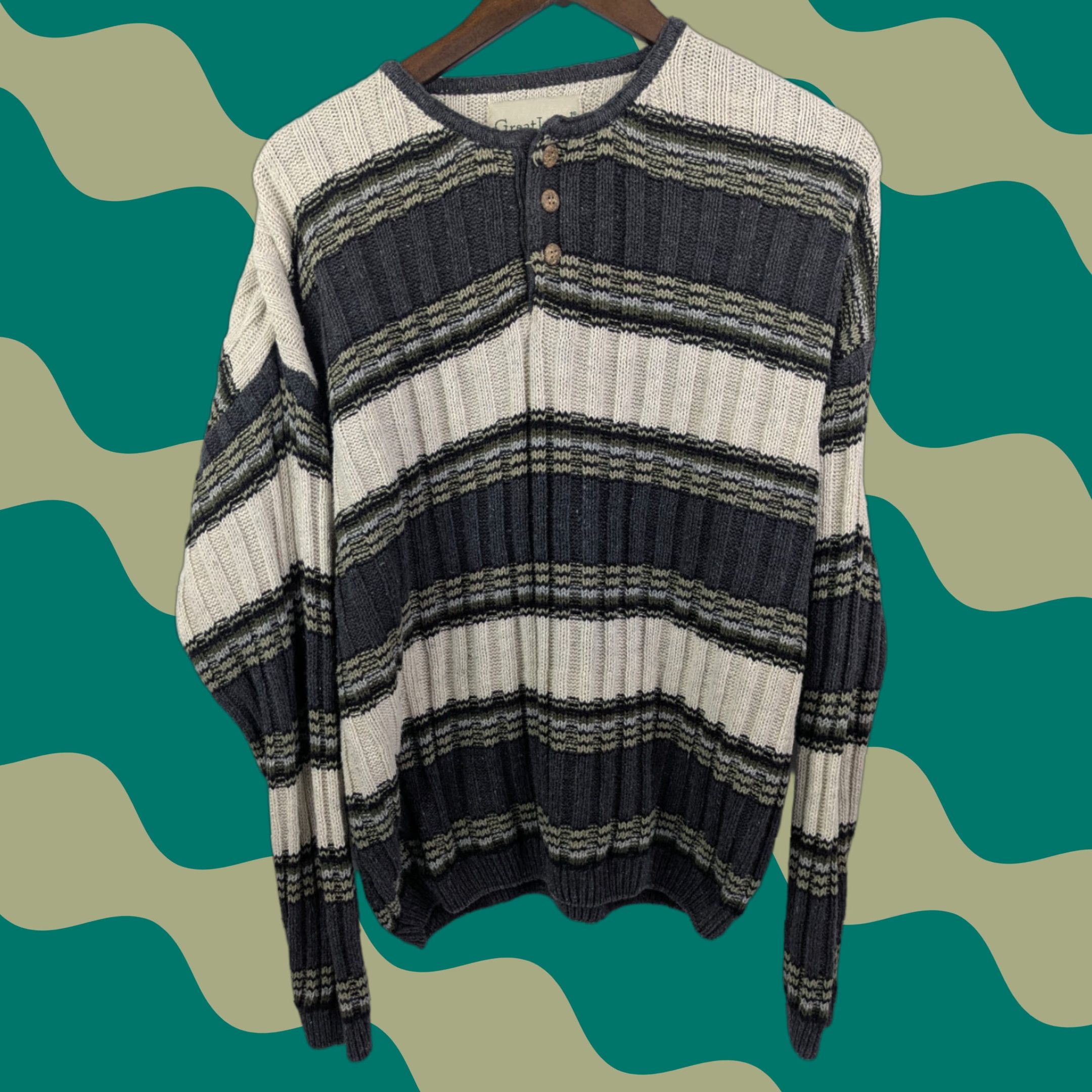 Vintage VINTAGE Greatland Striped Henley Sweater Mens M Gray Ribbed Knit Ramie Cotton Blend 90s Size US M / EU 48-50 / 2 - 1 Thumbnail