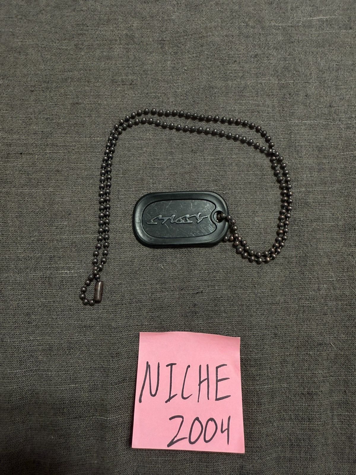 TWO RARE VINTAGE STUSSY DOG TAG NECKLACES, VINTAGE, BLACK