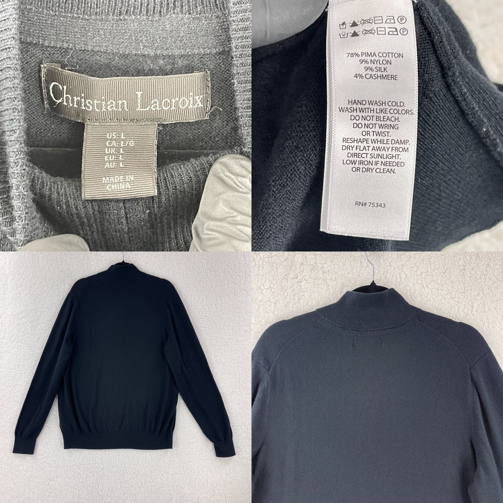 Christian Lacroix Christian Lacroix Sweater Mens Large Black Knit Long Sleeve 1/4 Zip Mock Neck Pullover Size US L / EU 52-54 / 3 - 8 Thumbnail