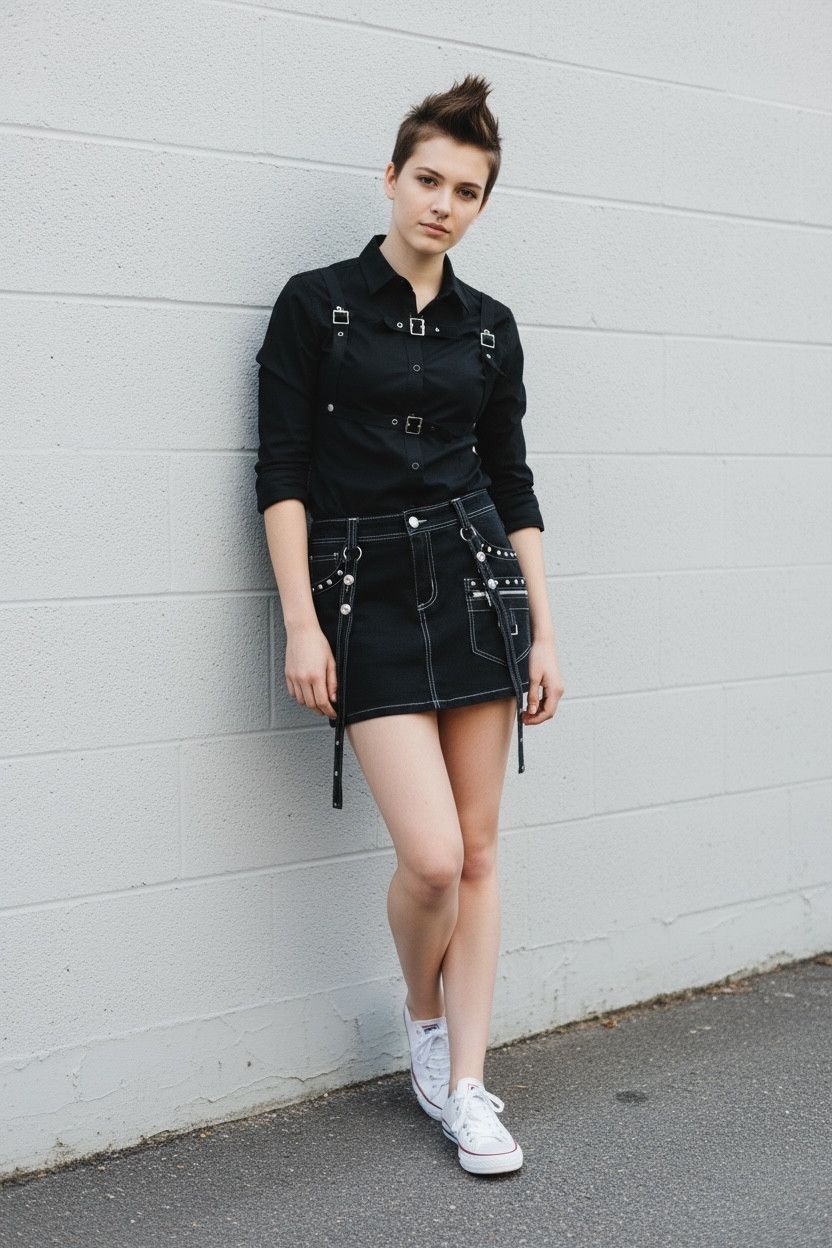 Tribal Streetwear ALGONQUINS Punk Bondage Studded Hybrid Mini Skirt Hot Pants Size 30" / US 8 / IT 44 - 2 Thumbnail