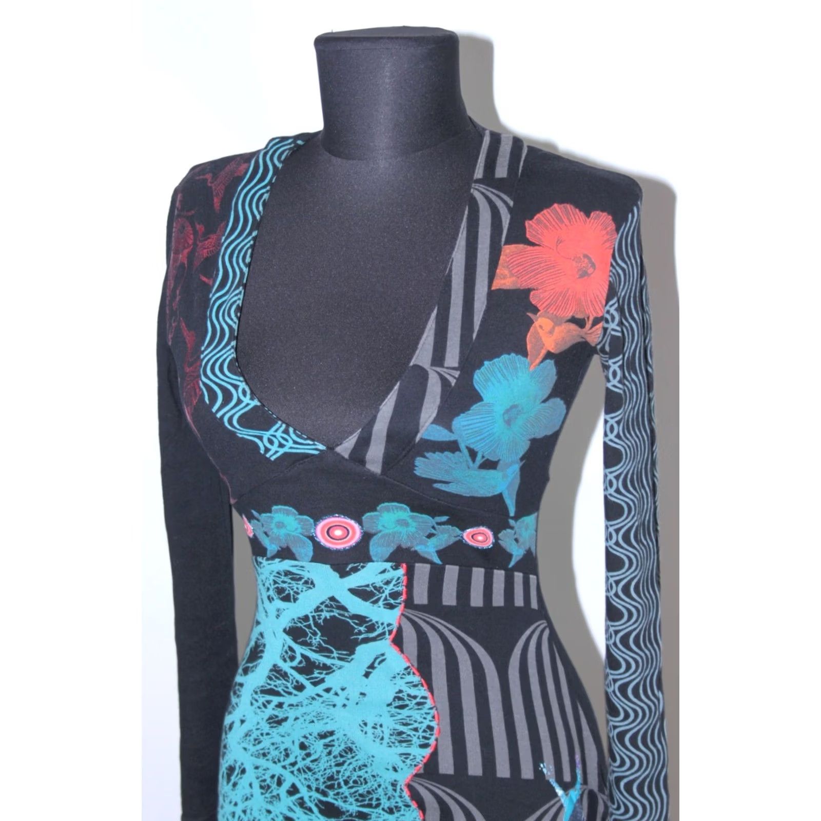 Desigual Desigual Dress XS Multicoloured A-Line Midi Womens with Red Flower Pattern Size XS / US 0-2 / IT 36-38 - 3 Thumbnail