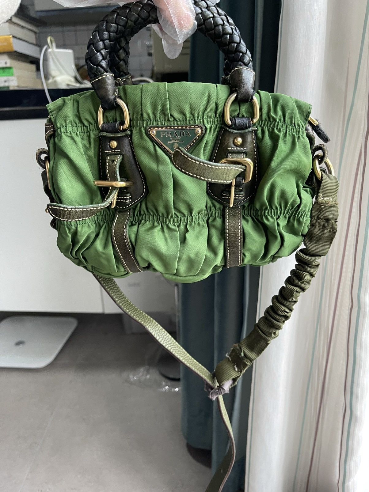 Prada Prada Ruched Nylon Handbag in Green Size ONE SIZE - 2 Thumbnail