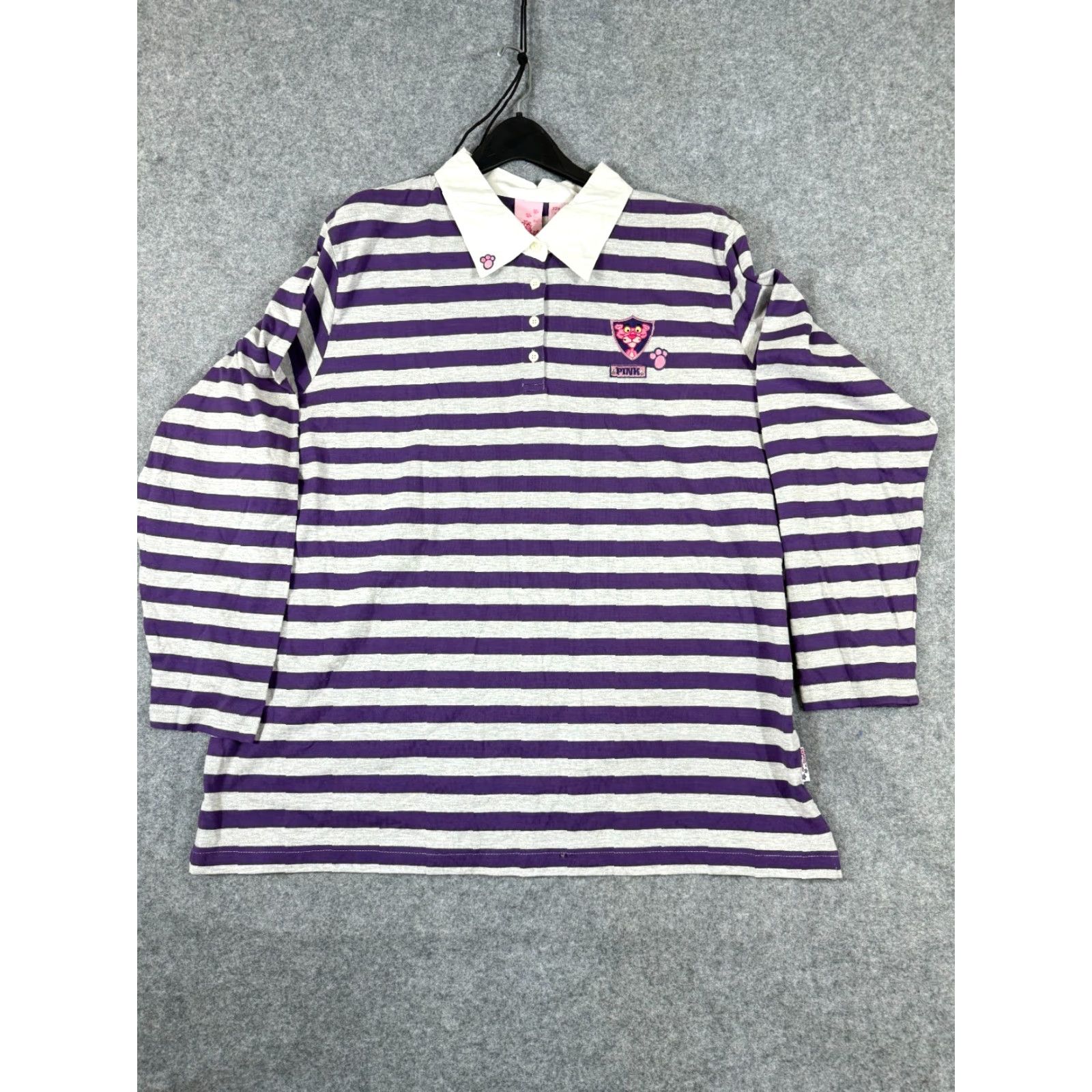 Vintage VINTAGE Pink Panther Polo Shirt Womens 22/24 Striped Purple Gray Logo Rugby Shirt Long Sleeve Casual Mens Women Girls Size 3XL / US 20-22 - 2 Thumbnail