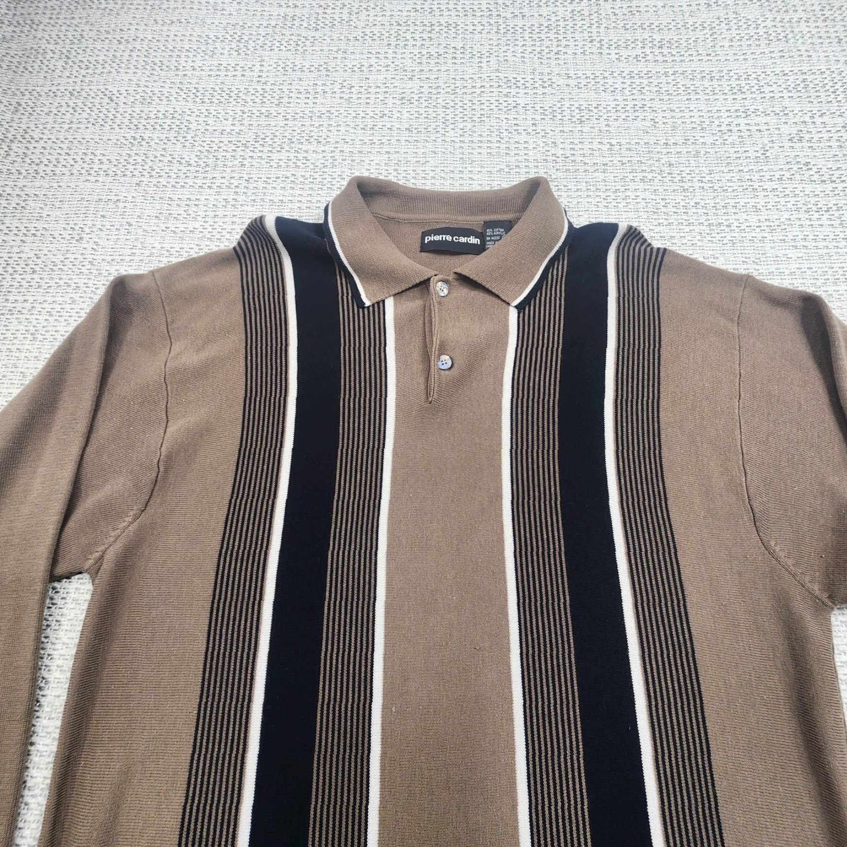 Pierre Cardin Piere Cardin Polo Shirt Mens XL Brown Black Vertical Stripe Knit Long Sleeve Polo Collar Lightweight Breathable Casual Size US XL / EU 56 / 4 - 4 Thumbnail