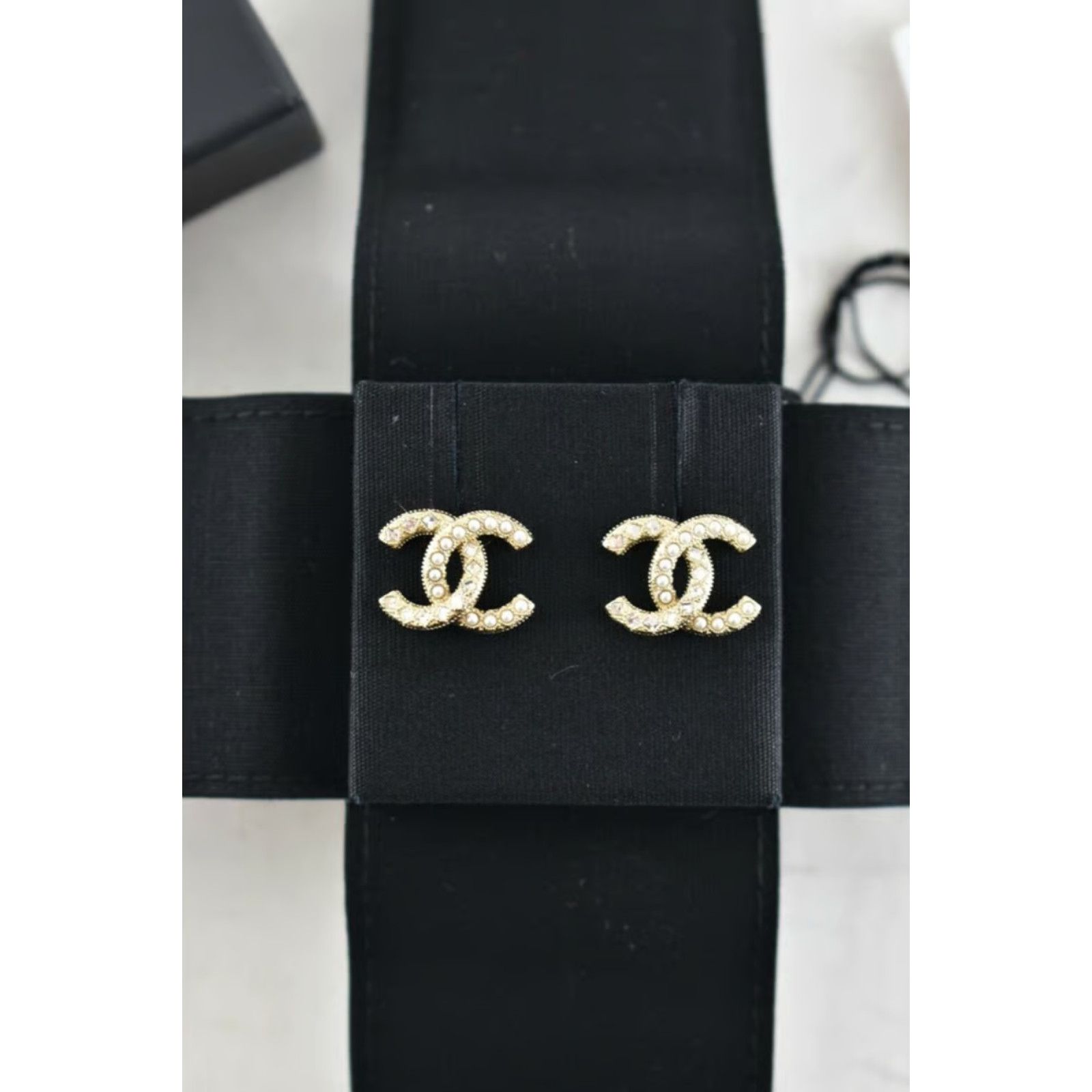 Chanel Chanel Gold Pearl Strass Crystal Statement Stud Earrings Size ONE SIZE - 4 Thumbnail