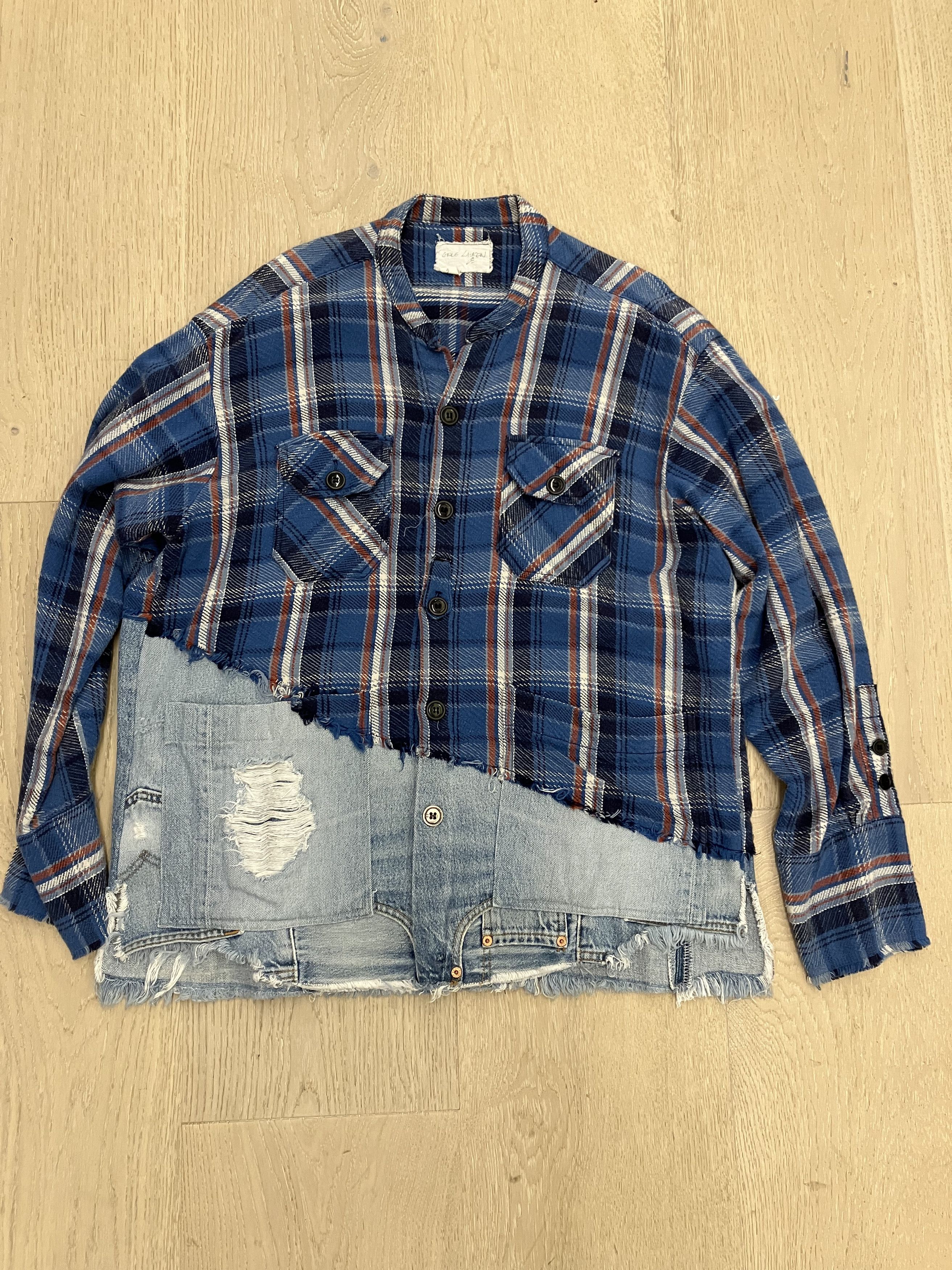 Greg Lauren $1250 Greg Lauren Blue 50/50 Plaid/Denim Studio Shirt Size US L / EU 52-54 / 3 - 7 Thumbnail