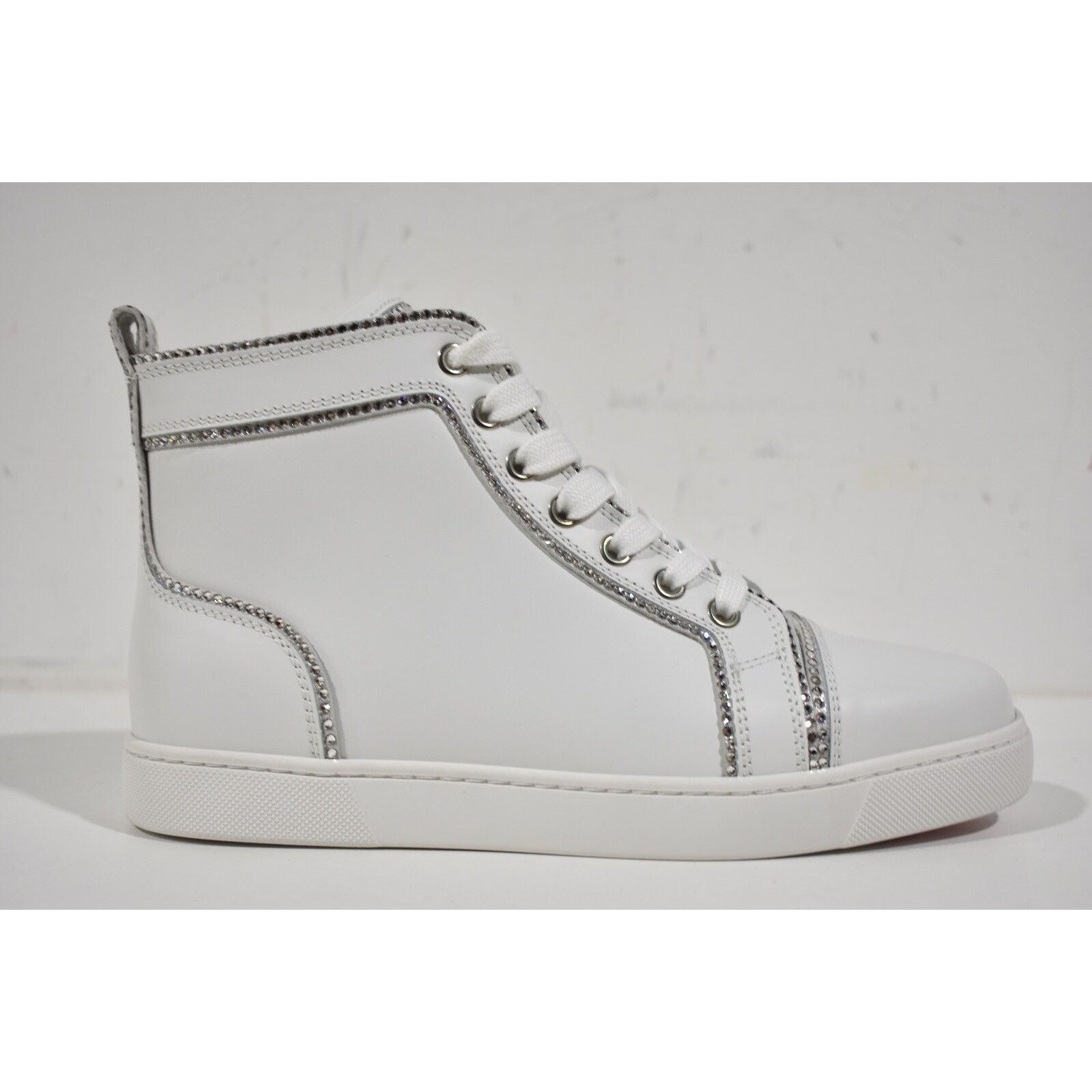 Christian Louboutin Louis Bordo Strass White Leather Flat High Top Sneaker 37 Size US 7 / IT 37 - 2 Thumbnail