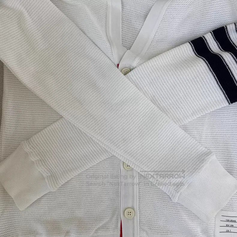 Thom Browne Thom Browne White Four Stripe Knit Cardigan Size US L / EU 52-54 / 3 - 8 Thumbnail