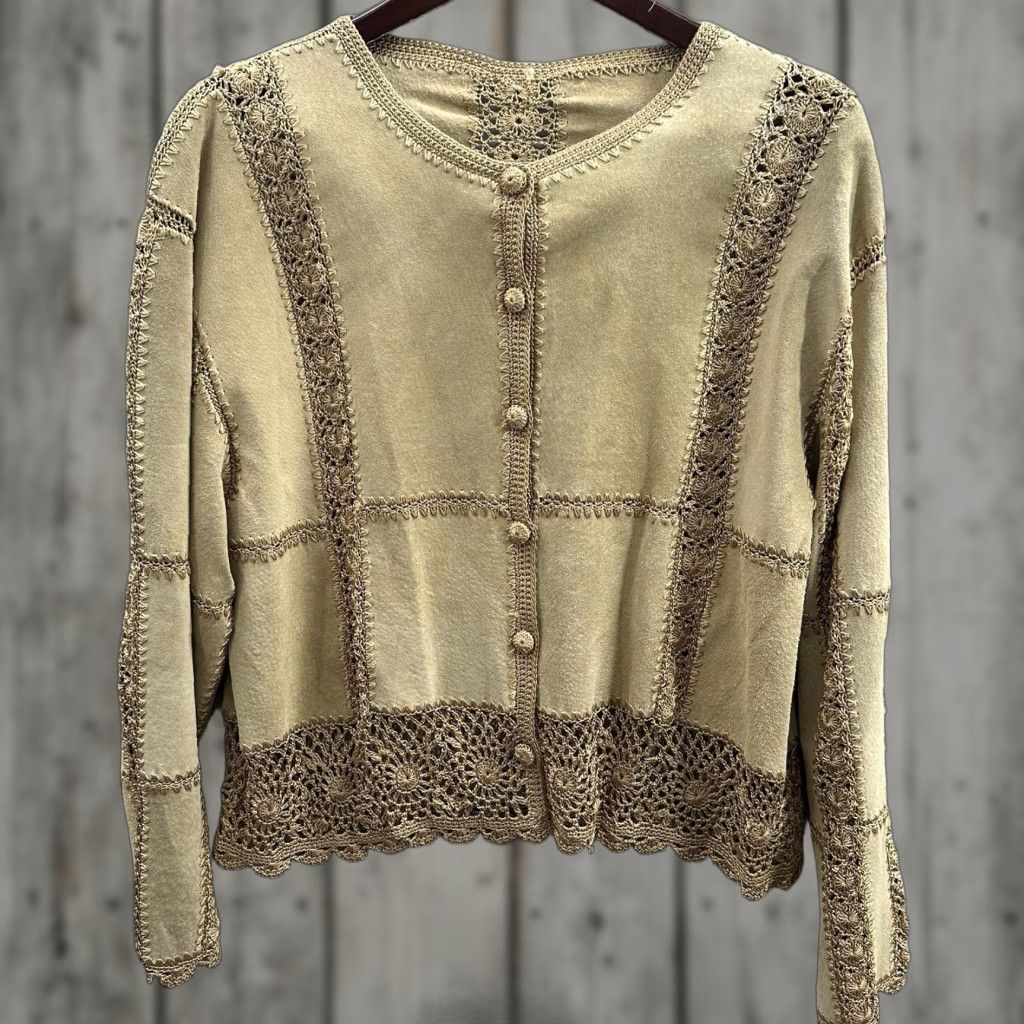 VINTAGE Suede & Crochet Tan Jacket Hippy Boho Grunge Quiet 70s y2k Women’s L Jacket Tan Boho Hippie 70s Womens L