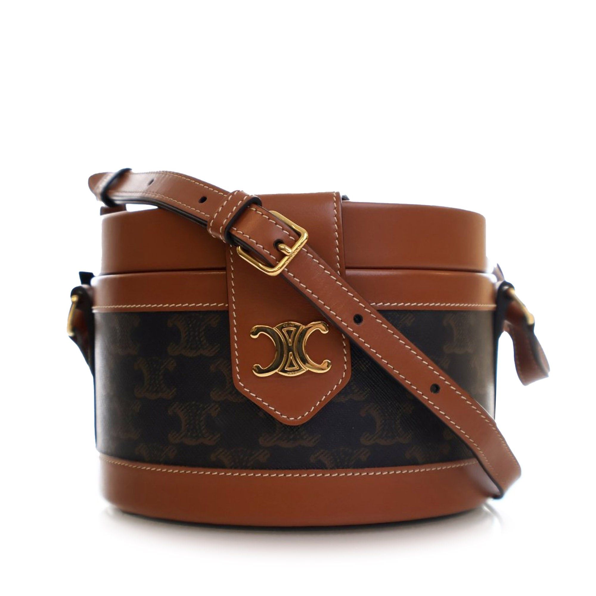 Celine Celine Medium Triomphe Coated Canvas Tambour Crossbody Brown Size ONE SIZE - 1 Thumbnail