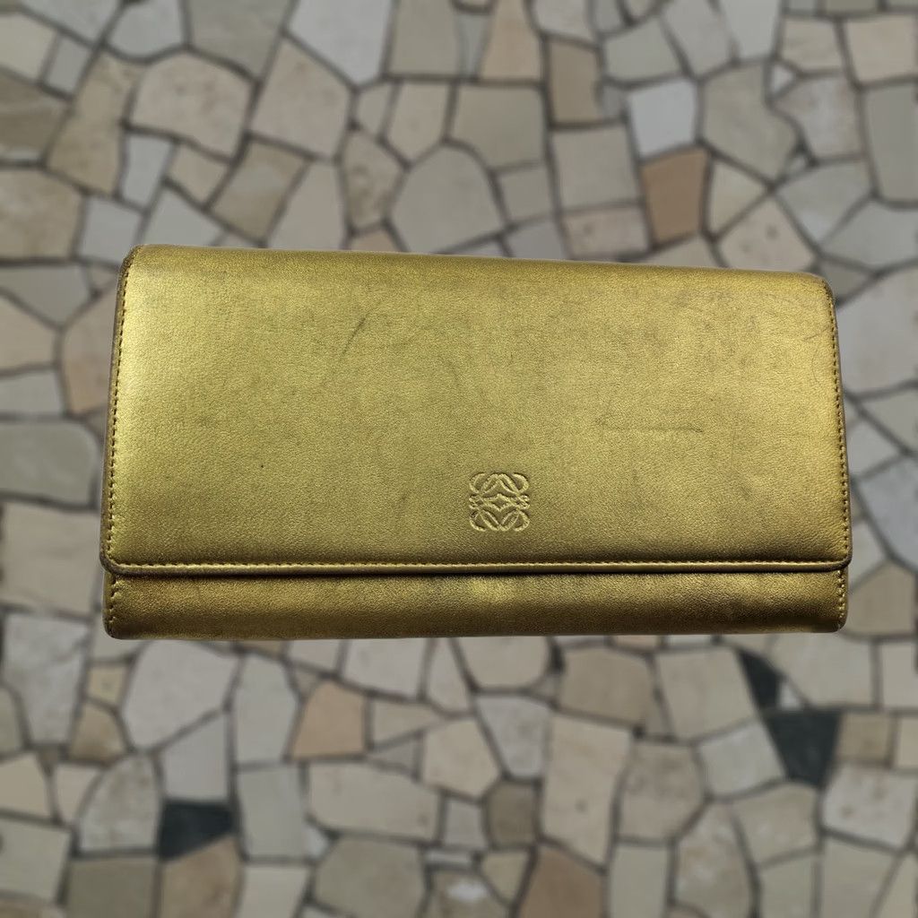 Loewe LOEWE Wallet Metal Gold Leather Snap Full Size Long Wallet Women Gold Leather Snap Wallet Size ONE SIZE - 1 Thumbnail