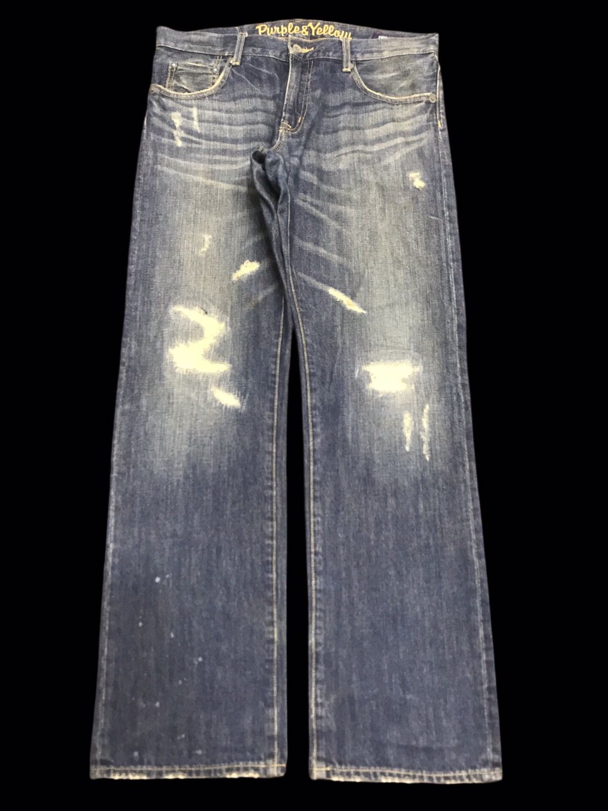 Japanese Brand 💥DENIM ART💥PURPLE&YELLOW JAPAN SICK DISTREESED DENIM F266 Size US 35 - 1 Thumbnail