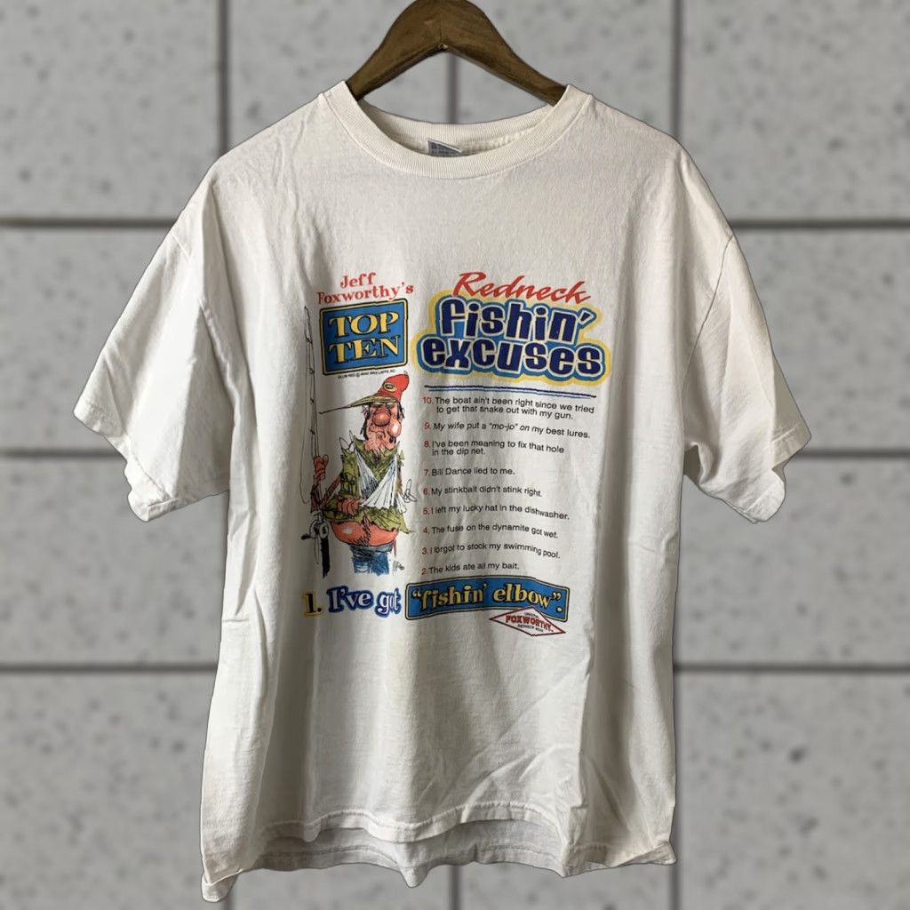 Delta VINTAGE Jeff Foxworthy T-Shirt Adult Large White Redneck Fishin Excuses Shirt Mens 70s 80s 90s Graphic Tee Size US L / EU 52-54 / 3 - 1 Thumbnail