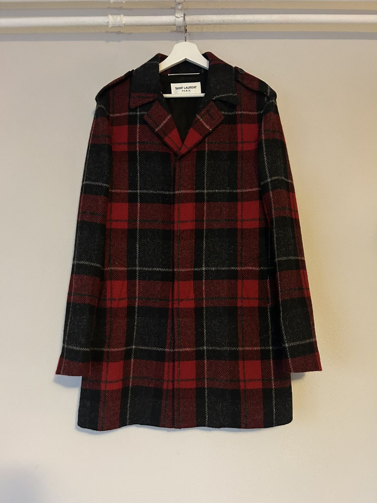 Saint Laurent Paris Saint Laurent Red & Black Tartan Wool Overcoat Size US M / EU 48-50 / 2 - 1 Thumbnail