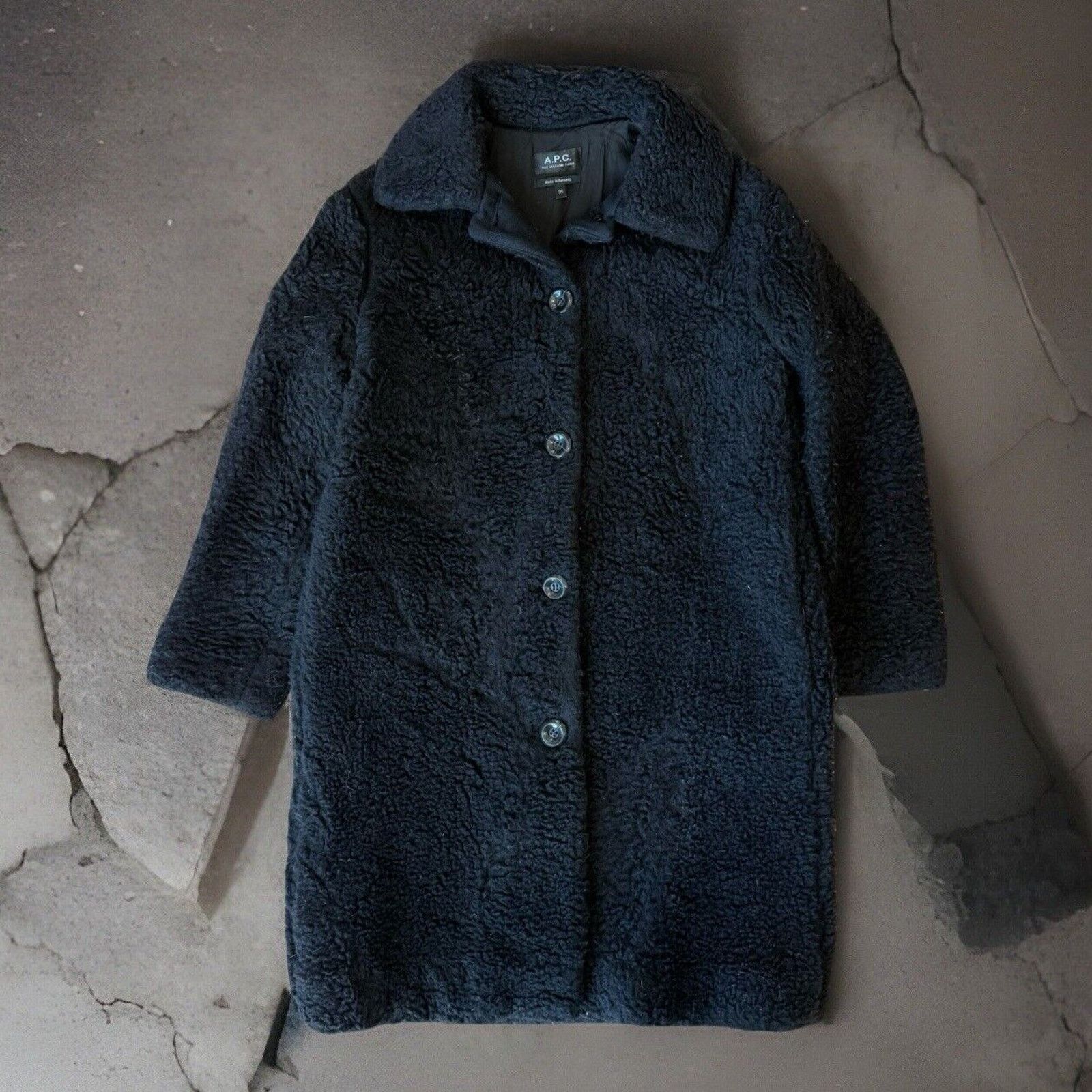 A.P.C. APC Shearling Jacket 34 Black Wool Cotton Long Tench Sherpa Size US M / EU 48-50 / 2 - 1 Thumbnail
