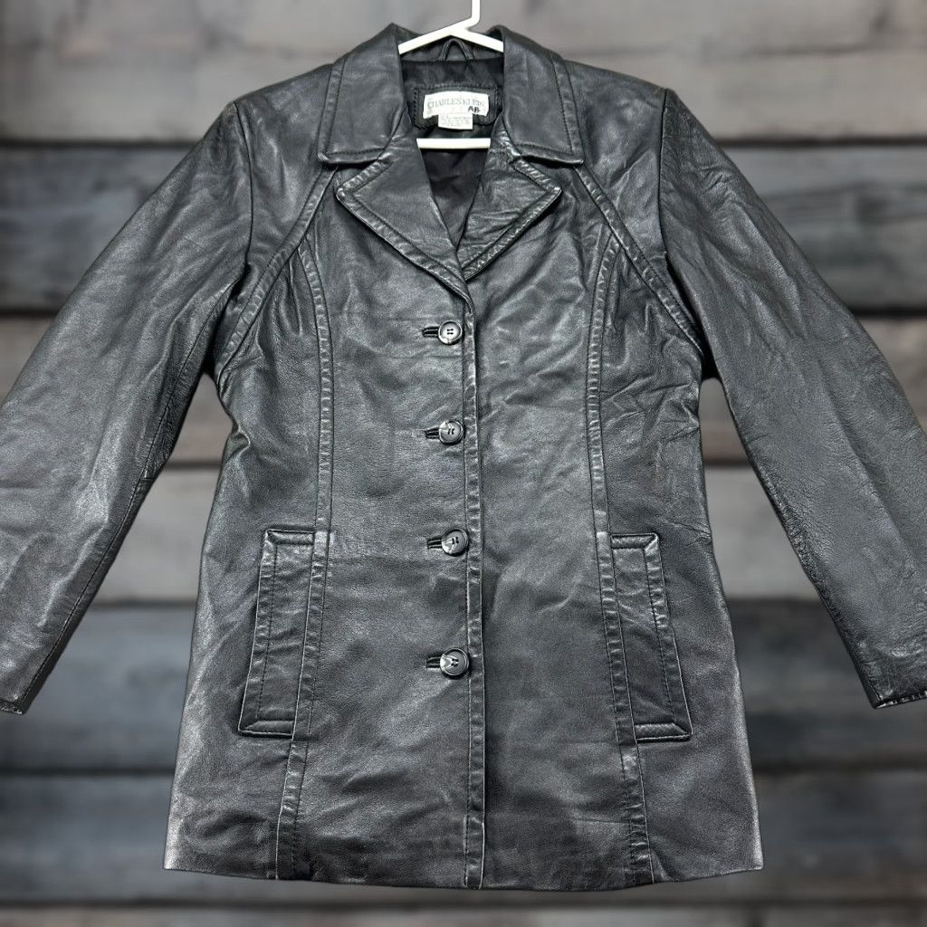 Vintage VINTAGE Charles Klein Coat Womens S Black Genuine Leather Button Up Overcoat Pea Coat Lined Pockets 80s 90s Winter Fall Spring Regular Mens? Size S / US 4 / IT 40 - 1 Thumbnail