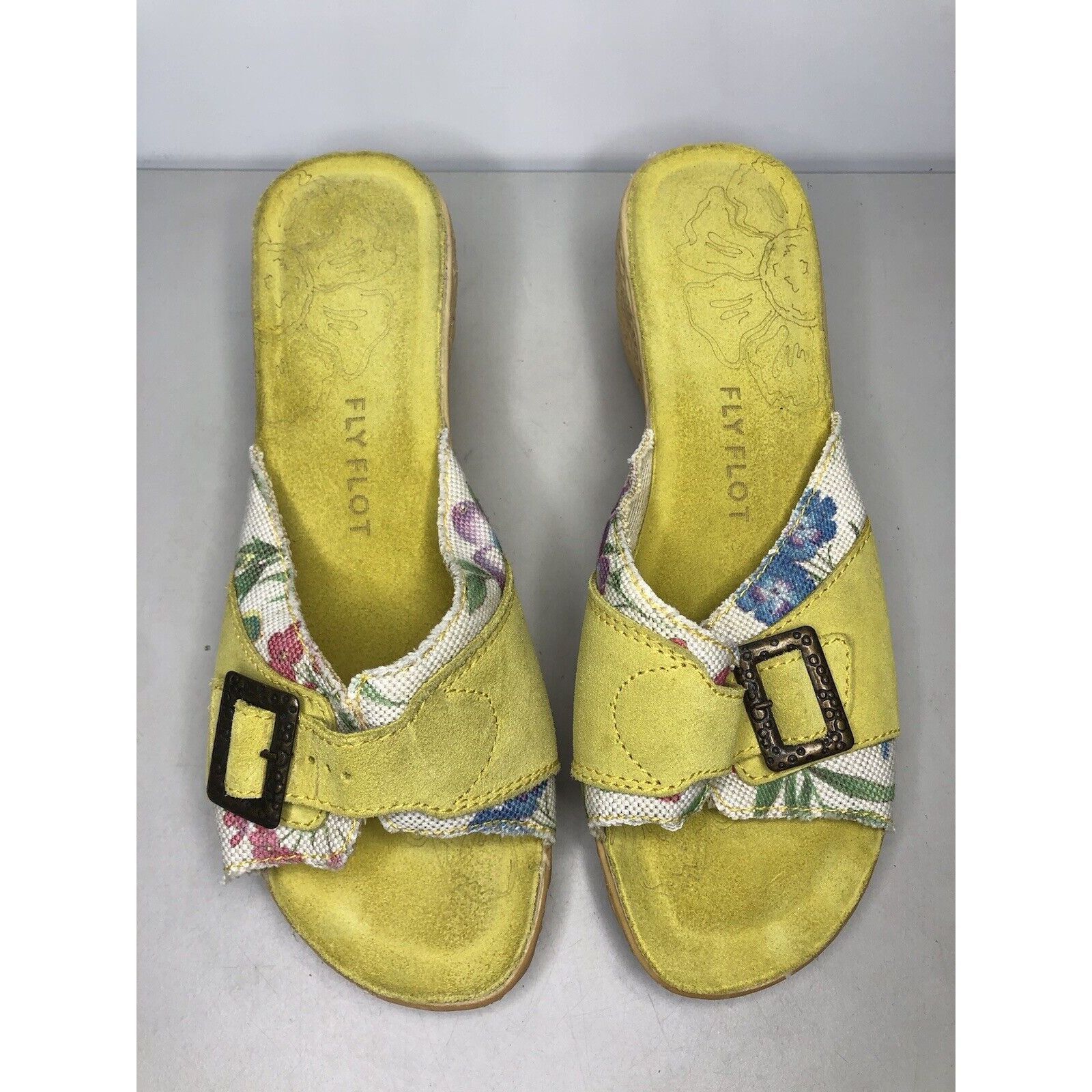 Other FLY FLOT Anti Shock Yellow Suede Floral Buckle Wedge Sandals Size US 10.5 / IT 40.5 - 12 Thumbnail