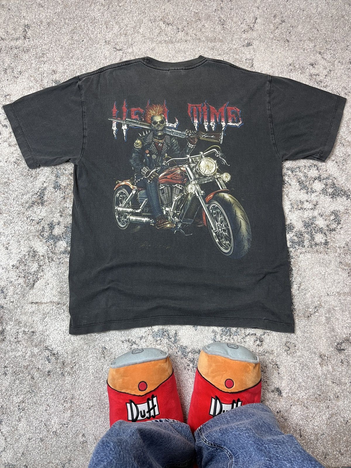 Vintage 1990s HELL TIME VINTAGE FADED & DISTRESSED BAGGY TEE - 844 Size US XL / EU 56 / 4 - 2 Thumbnail