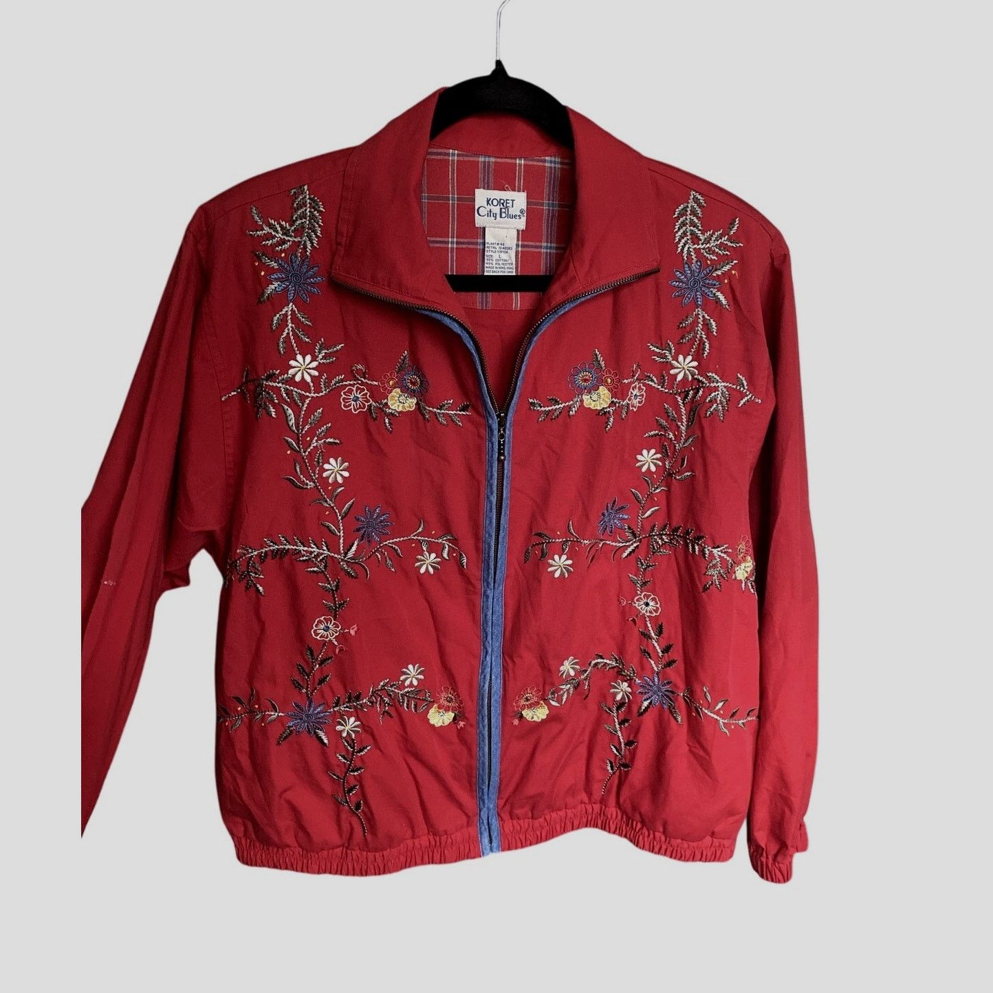 Vintage 1990's Vintage Embroidered Floral Plaid Red Jacket Large Size L / US 10 / IT 46 - 1 Thumbnail