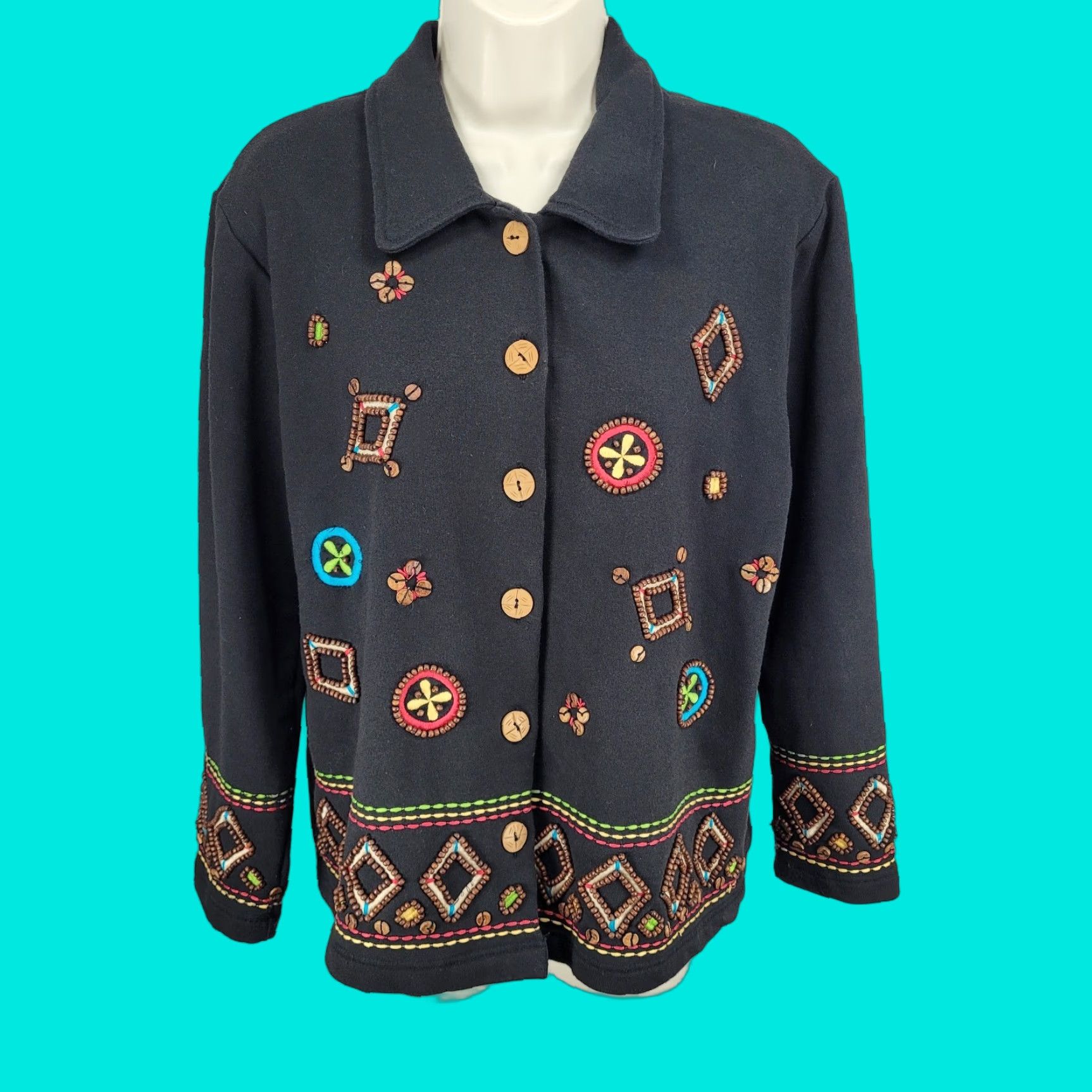 Coldwater Creek Coldwater Creek Jacket Women Medium Black Knit Beaded Embroidered Buttoned Collared Size M / US 6-8 / IT 42-44 - 1 Thumbnail