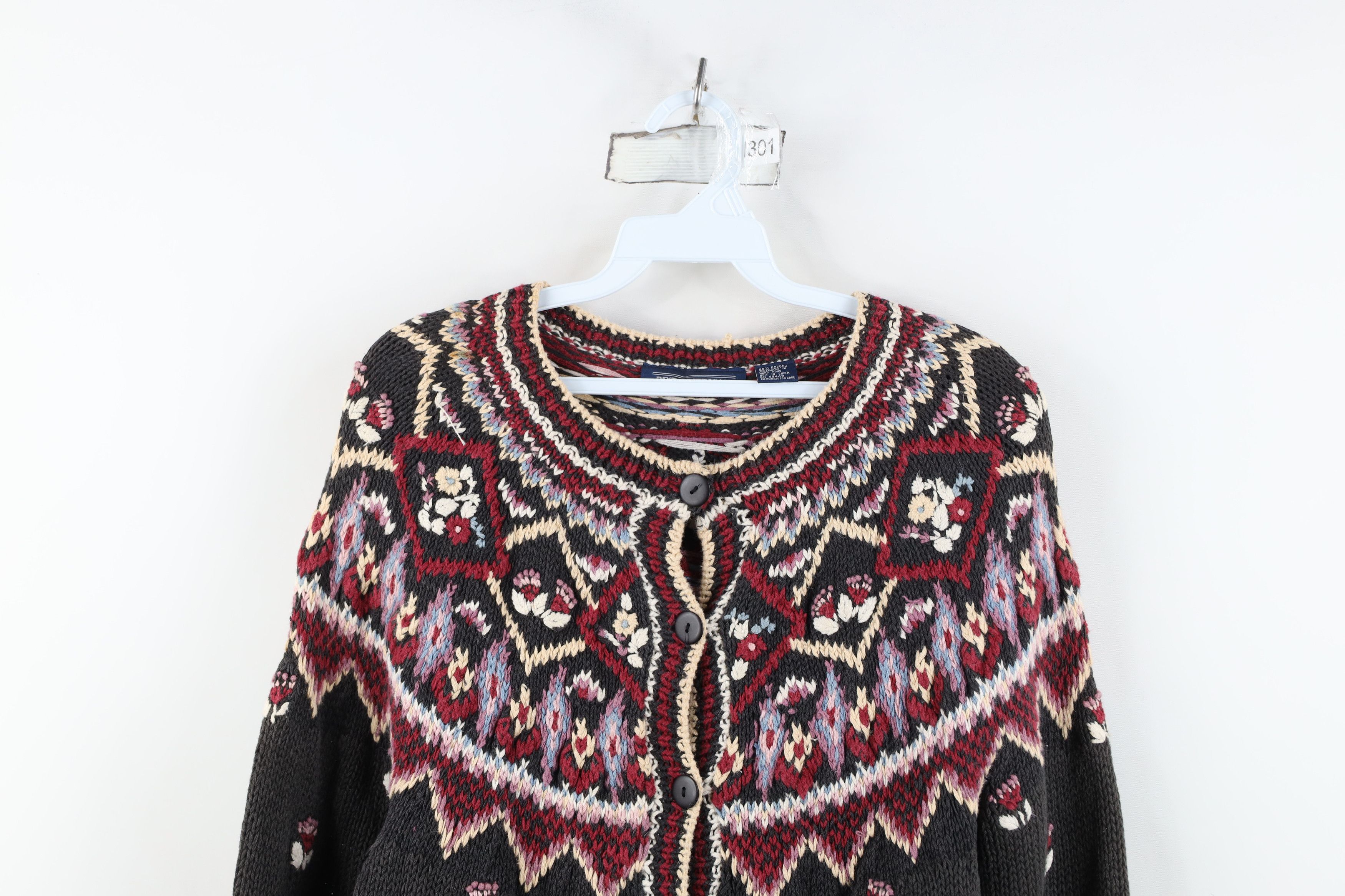 Vintage Vintage 90s Embroidered Flower Fair Isle Cardigan Sweater Size M / US 6-8 / IT 42-44 - 2 Thumbnail