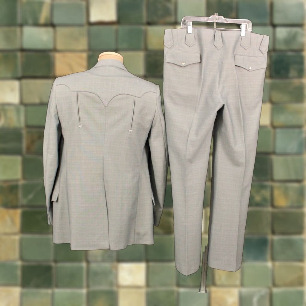 VINTAGE Men’s VTG 70s Tregos Grey 2 PC Western Leisure Suit Sz 40 1970s Disco Polyester Mens
