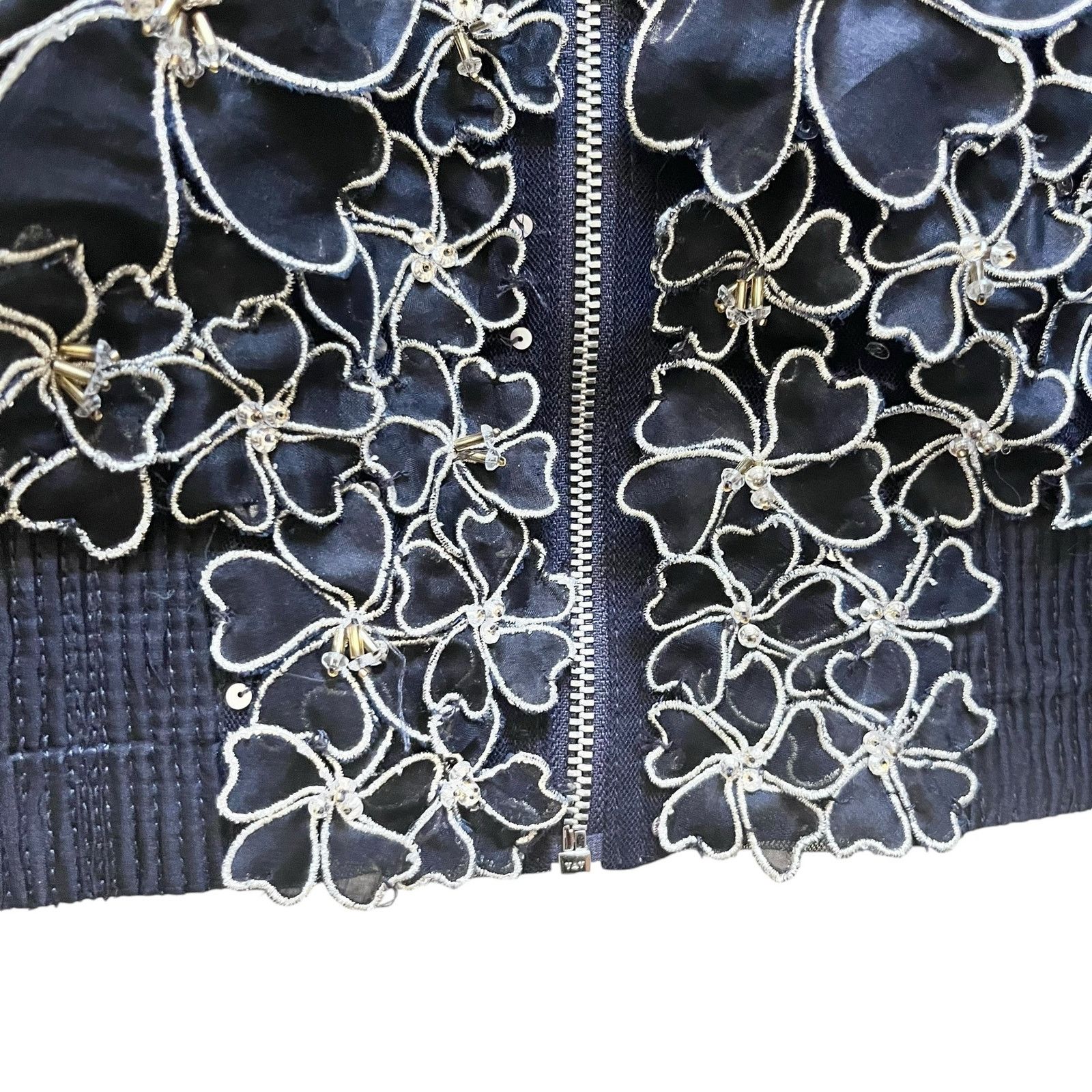 Elie Tahari Elie Tahari Navy Silver Floral Sheer Silk Bomber Jacket Size M / US 6-8 / IT 42-44 - 4 Thumbnail
