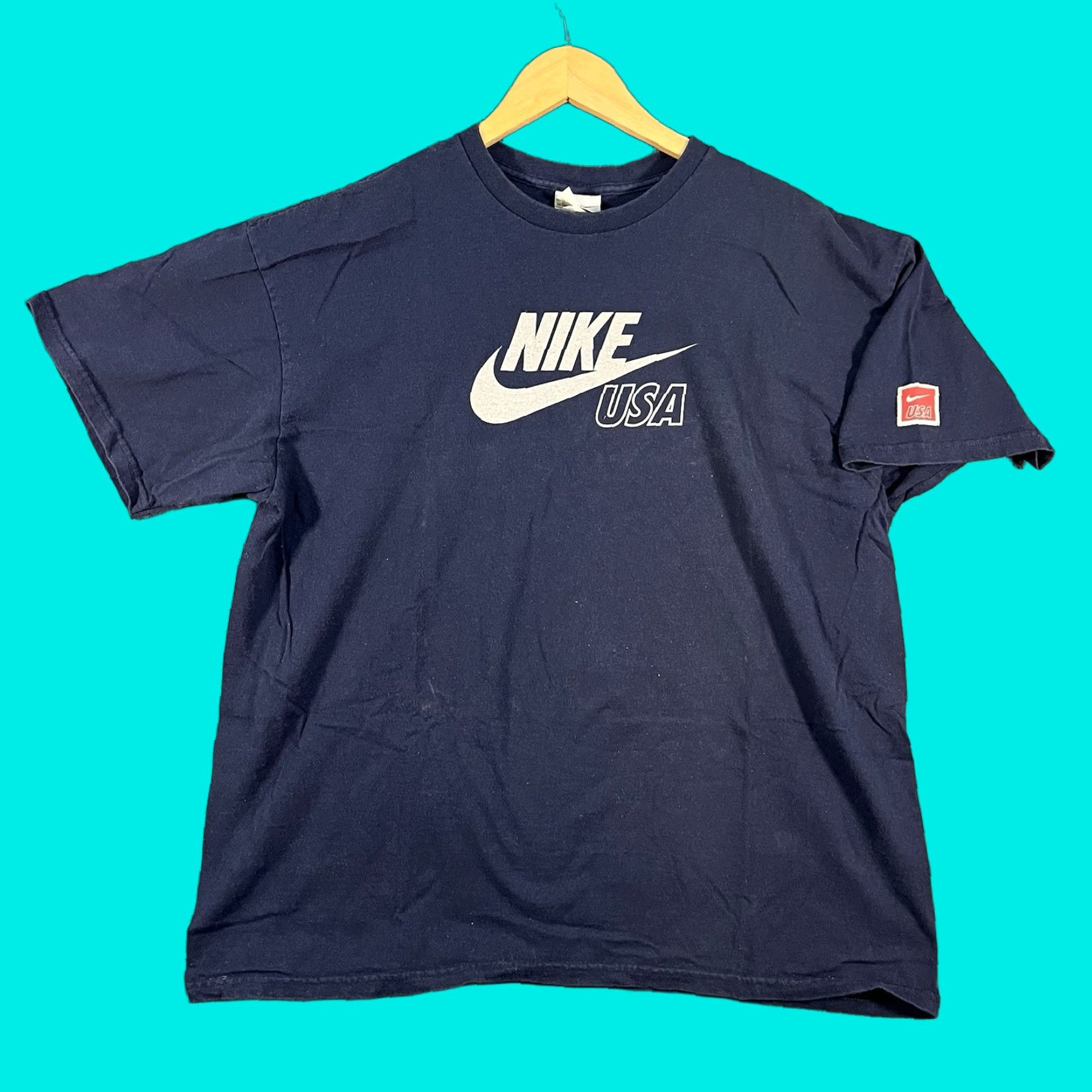 Nike VINTAGE Nike USA T-Shirt Mens XL Blue Center Swoosh Logo 90s Y2K Tee Navy Check Size US XL / EU 56 / 4 - 1 Thumbnail