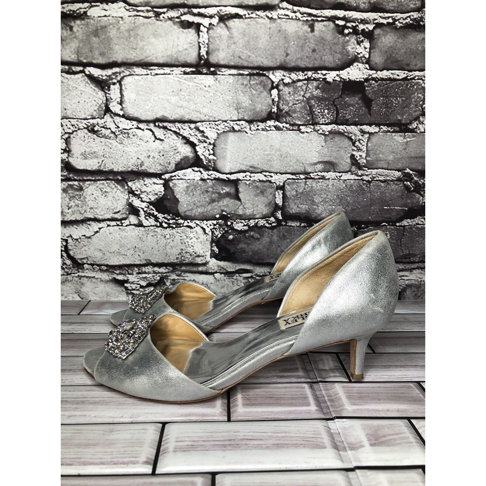 Badgley Mischka Badgley Mischka Metallic Silver Leather Rhinestone Heels Wom Size US 6.5 / IT 36.5 - 1 Thumbnail