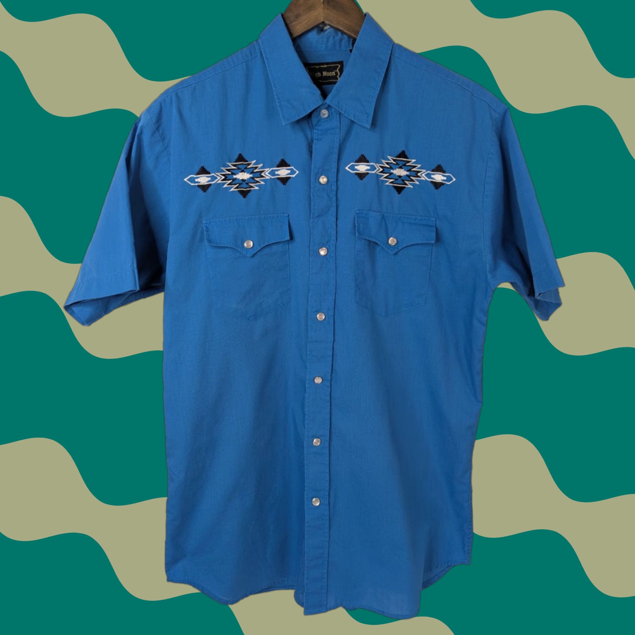 Vintage VINTAGE High Noon Shirt Mens M Blue Short Sleeve Embroidered Aztec Design Cowboy Western Snap Front Button-Up Size US 31 - 1 Thumbnail