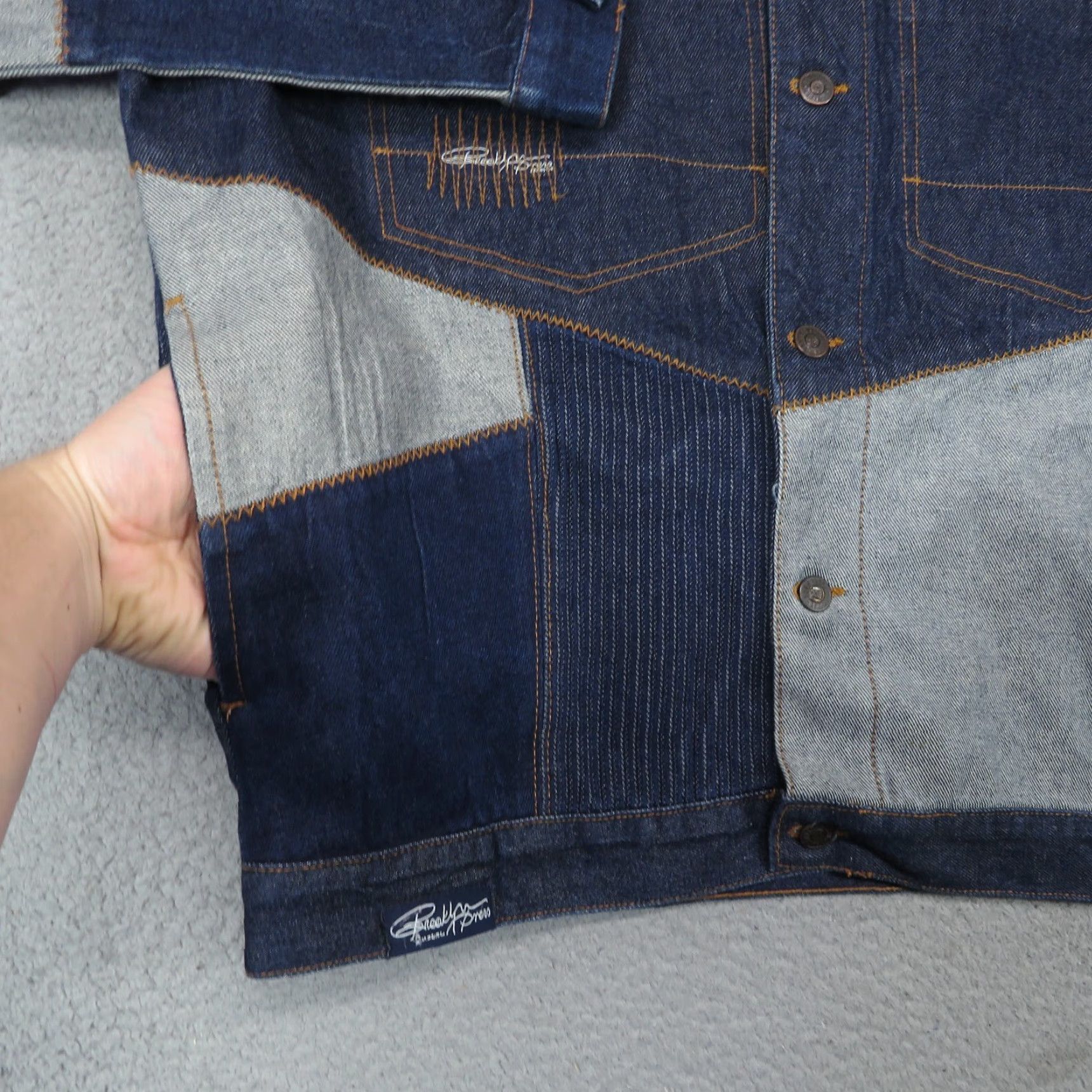Express VINTAGE Brooklyn Xpress Jacket Men L Blue Denim Patchwork Streetwear BlackLabel? Size US 33 - 3 Thumbnail