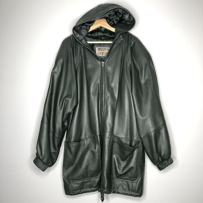 Other Vintage IZZI Dark Green Leather Hooded Jacket Coat Zip Up | Grailed