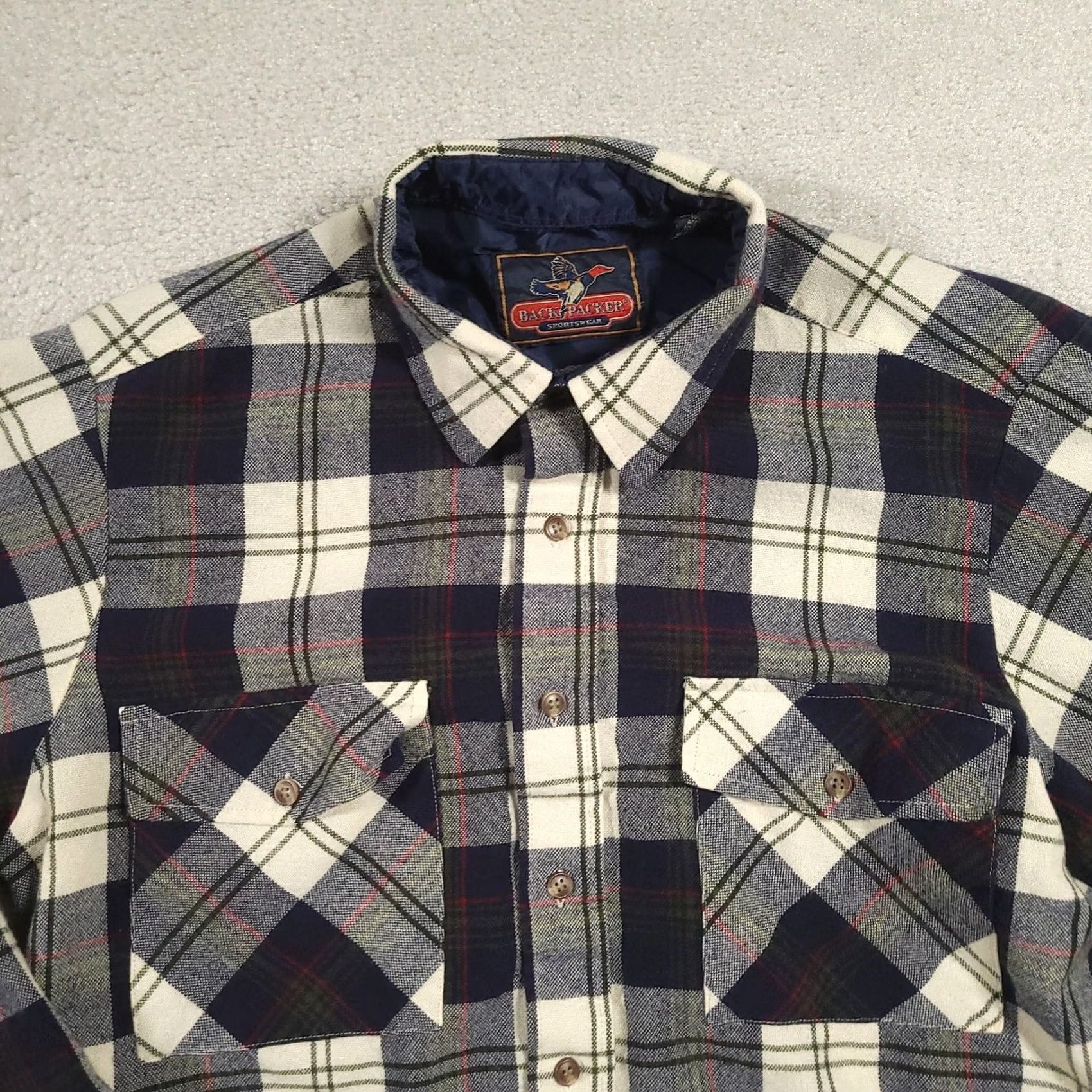 Vintage Back Packer Sportswear Shirt Mens LT Big & Tall Plaid Flannel Lined Navy Cream Blue | Button-Up | Long Sleeve | 100% Acrylic | Pocketed | Vintage No Size US L / EU 52-54 / 3 - 3 Thumbnail