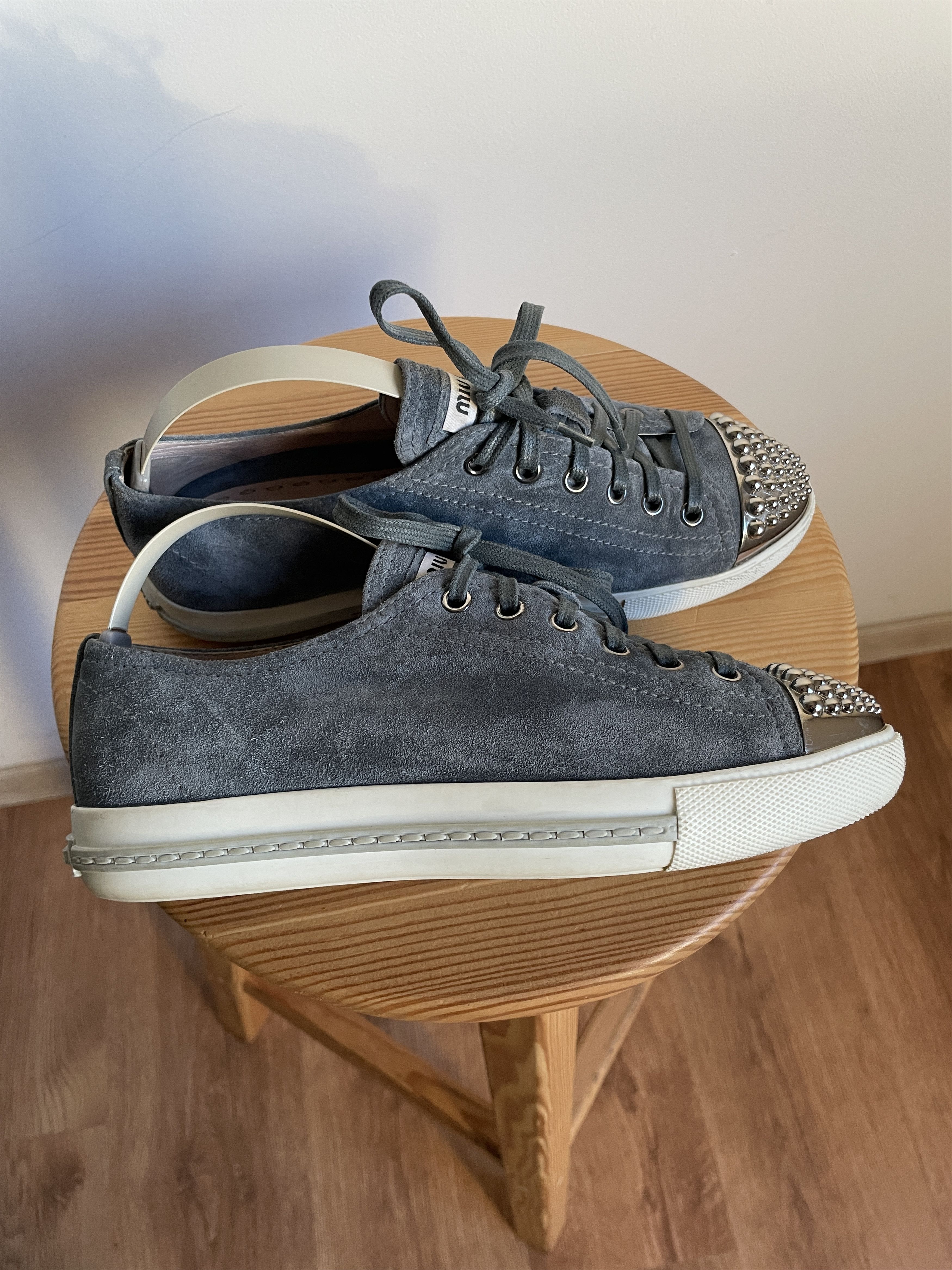 Miu Miu Grey Suede Studded Cap Toe Womens Sneakers