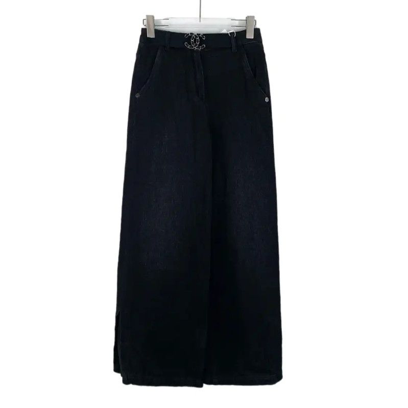 Chanel Chanel Black Cotton Wide Leg Jeans 0089 Size 22" - 1 Thumbnail