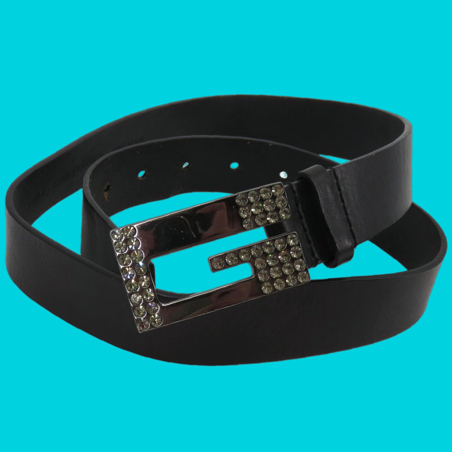 Guess GUESS Belt Men Medium Genuine Leather Gunmetal Rhinestone Bling Buckle Black Belt Size ONE SIZE - 1 Thumbnail