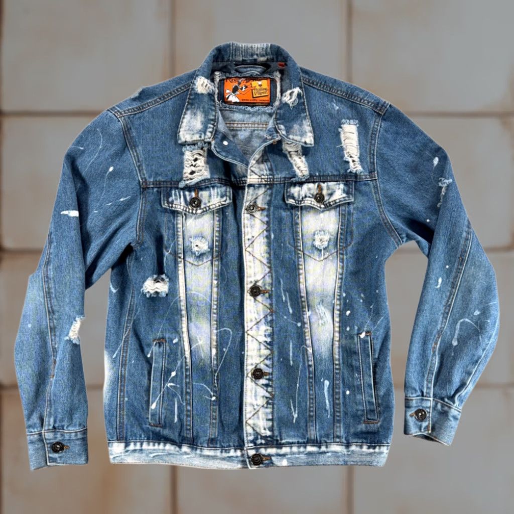 Denime Rolling Paper Jacket Mens LARGE Blue Jean Denim Distressed Splatter 90s Punk Retro Rock Casual Size Large Size US 33 - 1 Thumbnail