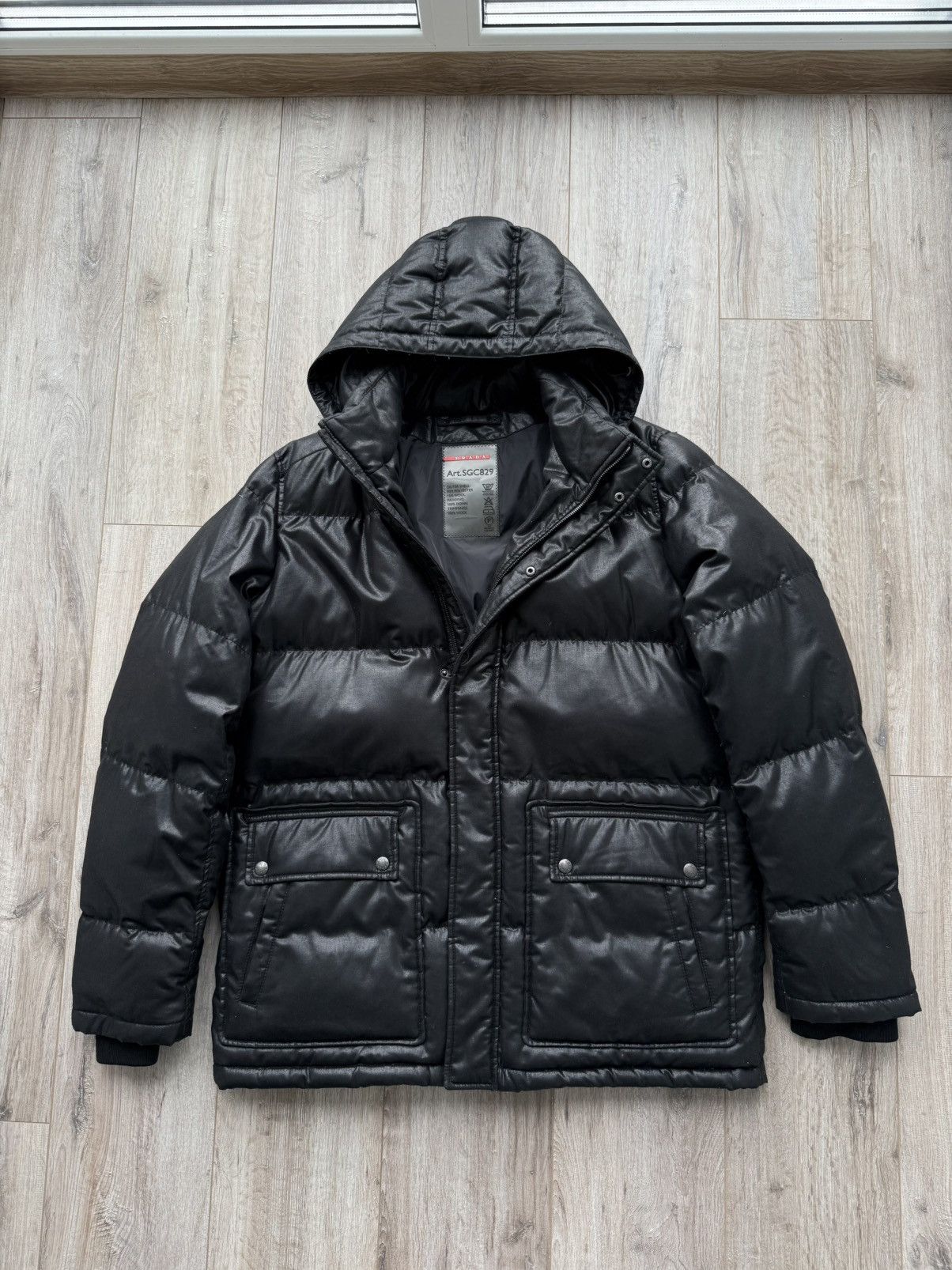 Prada Prada Leather Logo Gabardine Black Down Puffer Jacket Size US XL / EU 56 / 4 - 2 Thumbnail