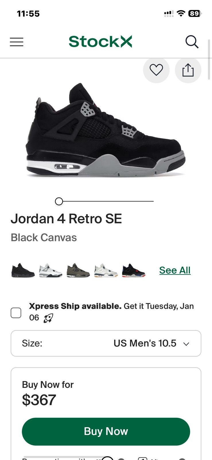 Jordan Brand Air Jordan 4 Retro SE Blk Canvas Size US 10.5 / EU 43-44 - 16 Thumbnail