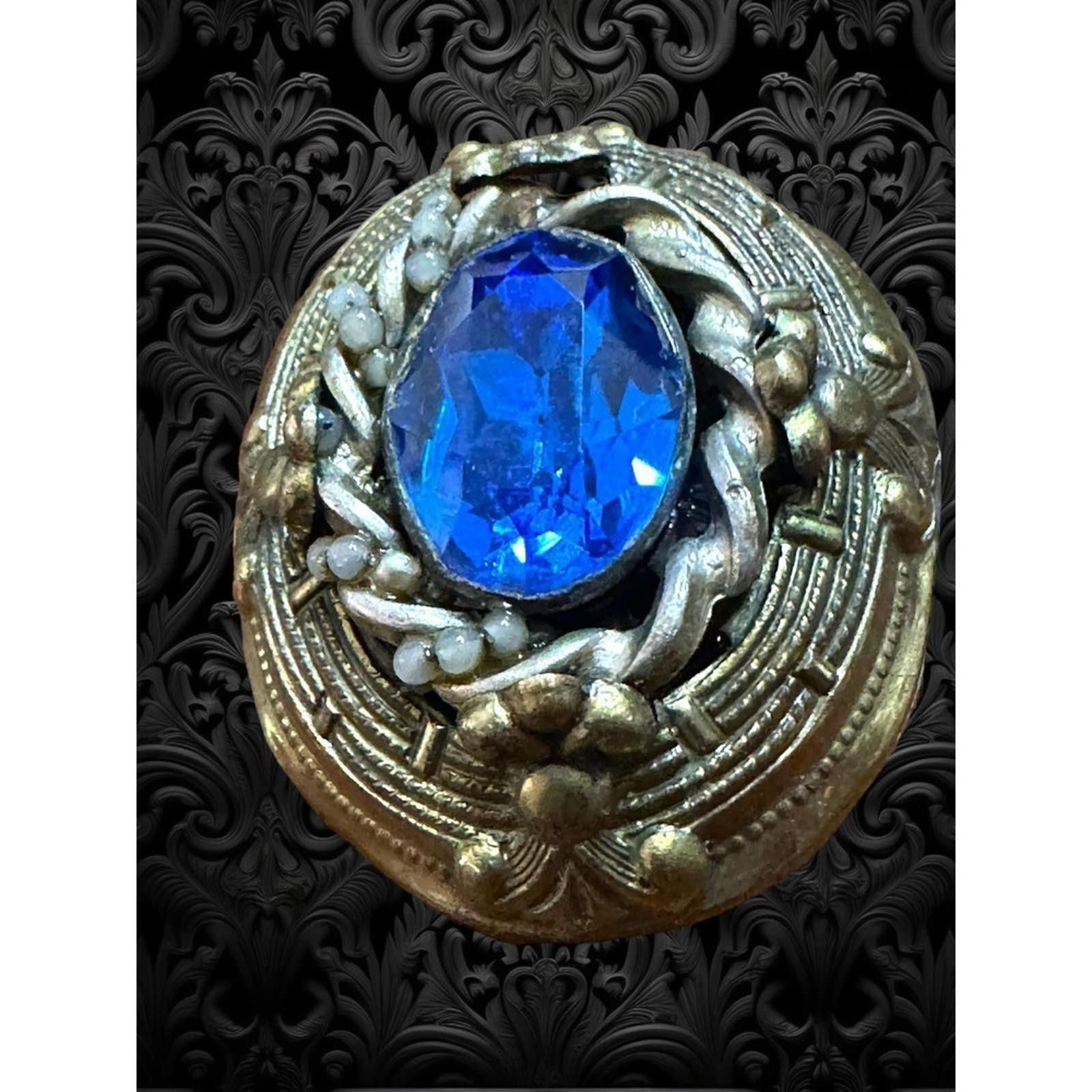 Designer Antique Art Deco Czech Glass Cobalt Blue Brass Dress Clip Size ONE SIZE - 3 Thumbnail