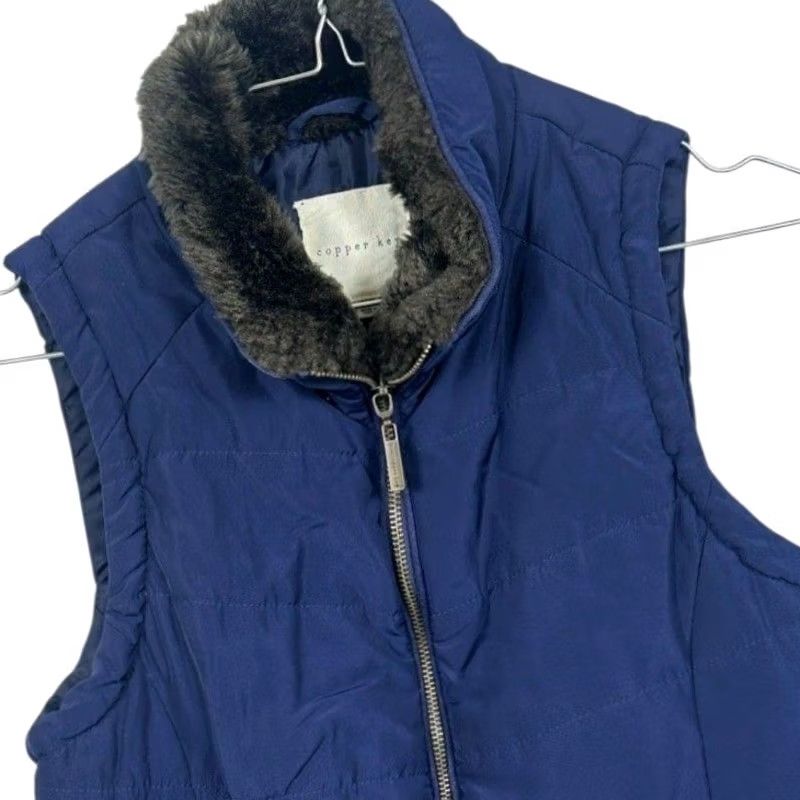 Vintage Copper Key Women Navy Quilted Puffer Vest Fur Collar Zip Pockets XS Size XS / US 0-2 / IT 36-38 - 3 Thumbnail