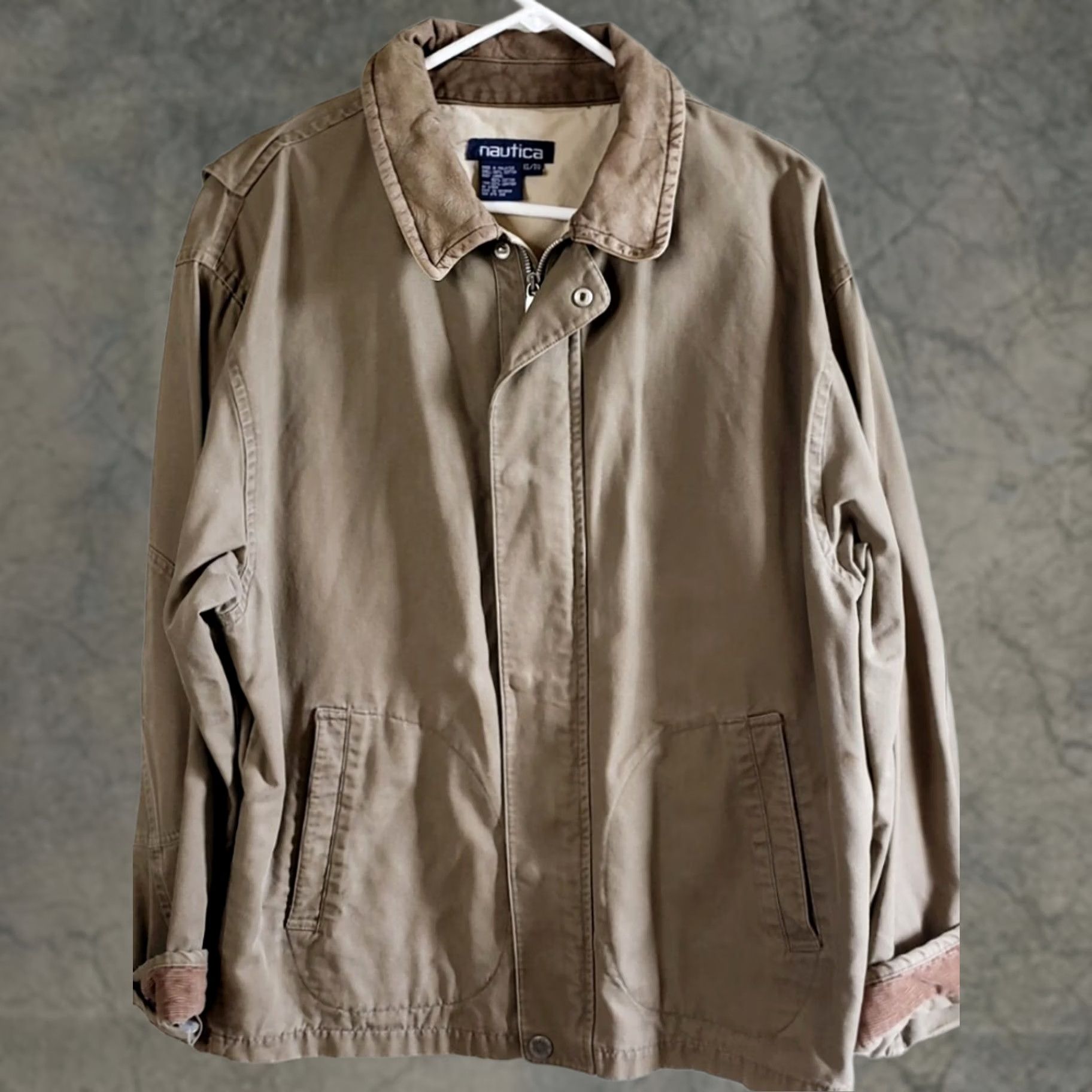 Nautica Nautica Mens XL Canvas Barn Coat Tan Khaki Jacket Full Zip Leather Collar & Trim Jacket Size US XL / EU 56 / 4 - 1 Thumbnail