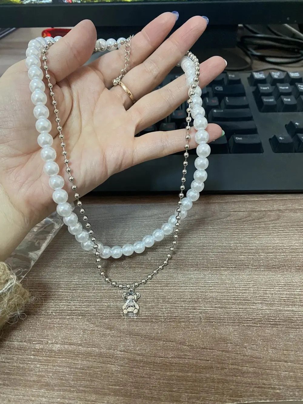 Jewelry Double Layer Pearl Bear Necklace Silver Necklace Size ONE SIZE - 5 Thumbnail